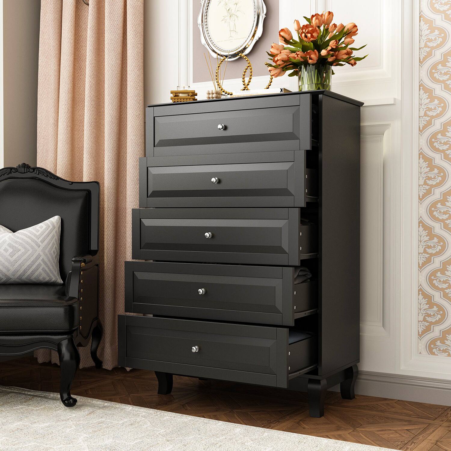 Back. FUFU & GAGA - Classic Multi-Drawer Storage Cabinet – A Perfect Fusion of Space Organization and Aesthetic Design - Black.