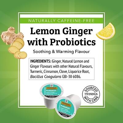 NATURALLY CAFFEINE-FREE  
Lemon Ginger with Probiotics  
Soothing & Warming Flavour  

INGREDIENTS: Ginger, Natural Lemon and Ginger Flavours with other Natural Flavours, Turmeric, Cinnamon, Clove, Liquorice Root, Bacillus Coagulans GBI-30 6086.  

A TWININGS Probiotics  
SOURCED WITH CARE