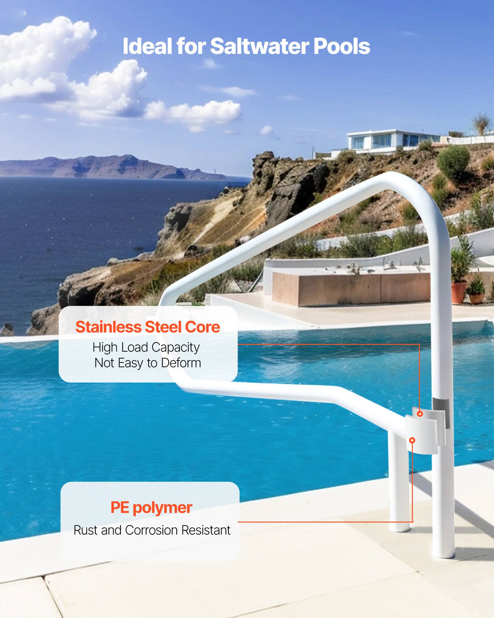 Ideal for Saltwater Pools

Stainless Steel Core
- High Load Capacity
- Not Easy to Deform

PE polymer
- Rust and Corrosion Resistant