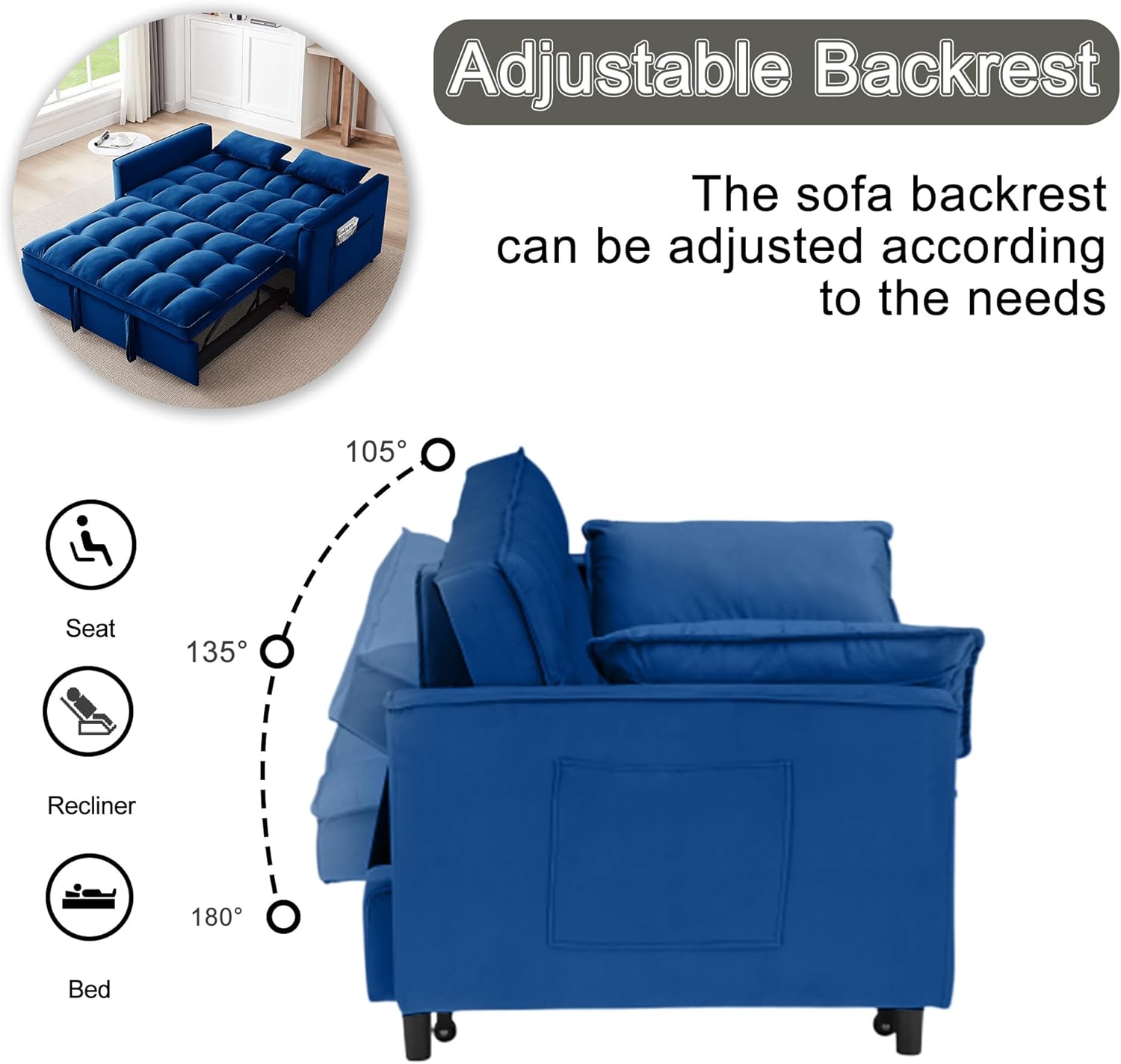 Adjustable Backrest

The sofa backrest can be adjusted according to the needs

105° Seat
135° Recliner
180° Bed