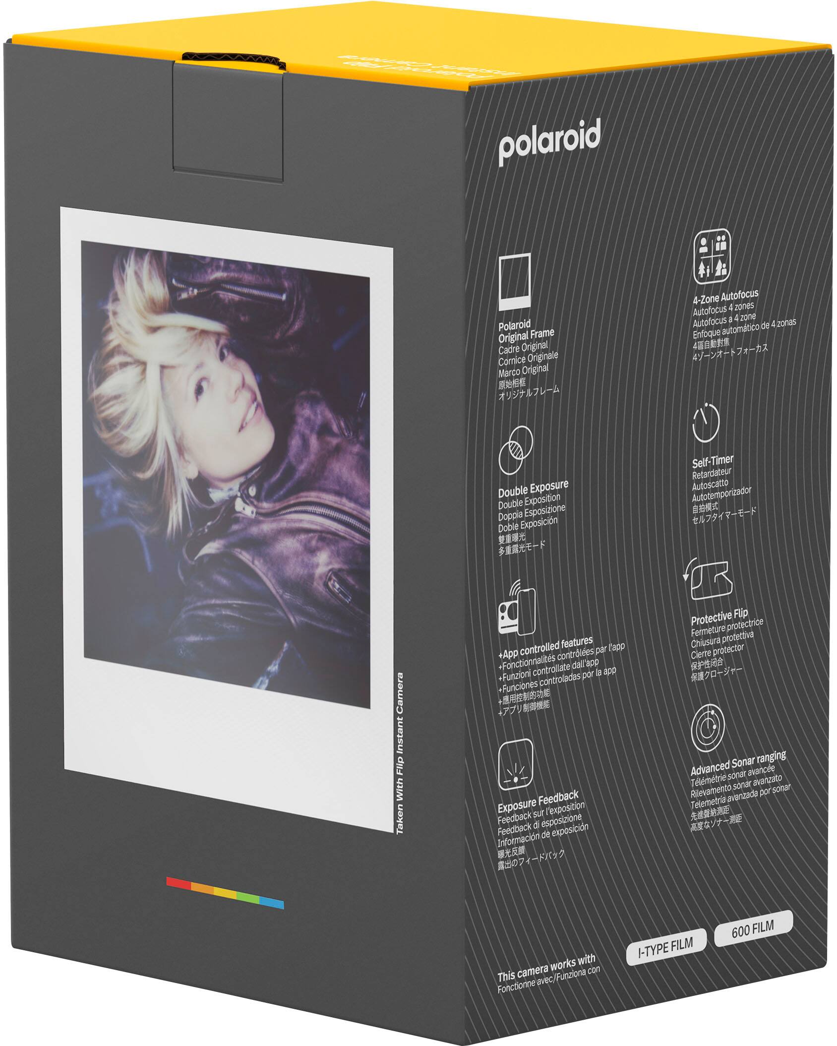 Polaroid, Polaroid Original Frame, Cadre Original, Comice Originale, Marco Original, 4-Zone Autofocus, Autofocus 4 zones, Autofocus a 2018 de 4 zonas, Enfoque automático, Double Exposure, Double Exposition, Doppia Esposizione, Doble Exposición, Self-Timer, Retardateur, Autosicatto, Autotemporizador, Camera Instant Flip With, Taken, controlled features, Eapp, App contrles par, Fonctionnalits controllate, dalace app, Funzioni por, Funciones controladas, Exposure Feedback, sur l'exposition, Feedback d esposizione, Feedback de exposicin, Información, Protective Flp, Fermeture protectrice, Chiusura protectiva, Cierre protector, Sonar ranging, Advanced sonar avace, Tlmtrie sonar niazao, Rievamento por sonar, Telemetria avenzada, works with, camera, /Funziona con, Fonctionne, I-TYPE FILM, 600 FILM