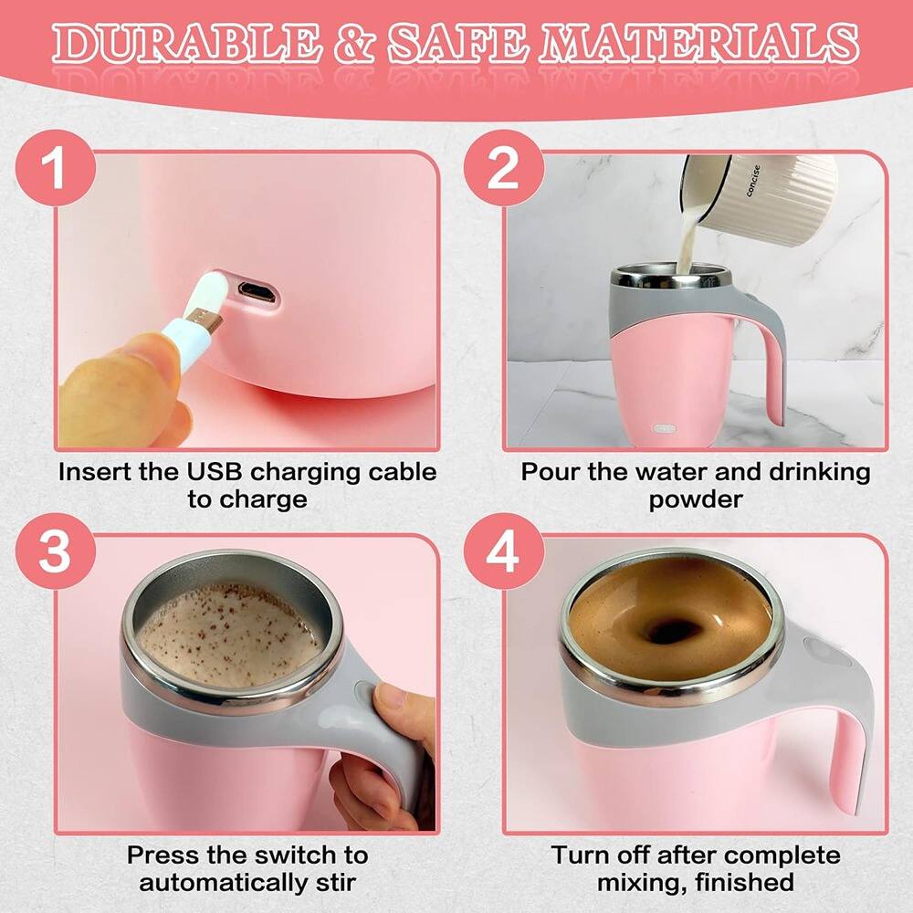 1. Insert the USB charging cable to charge  
2. Pour the water and drinking powder  
3. Press the switch to automatically stir  
4. Turn off after complete mixing, finished  

DURABLE & SAFE MATERIALS