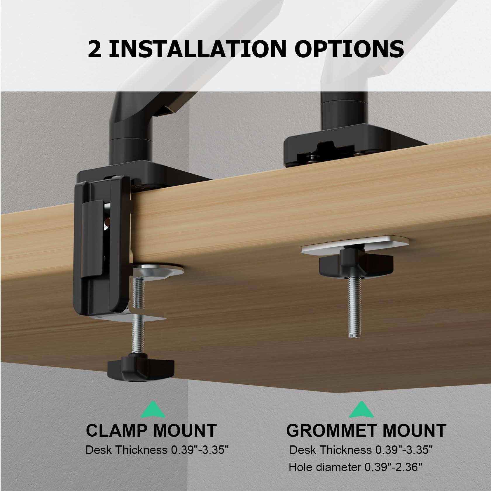 2 INSTALLATION OPTIONS

CLAMP MOUNT  
Desk Thickness 0.39"-3.35"

GROMMET MOUNT  
Desk Thickness 0.39"-3.35"  
Hole diameter 0.39"-2.36"