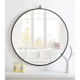 Elegant Decor - Metal frame Round Mirror with decorative hook 32 inch finish - Black