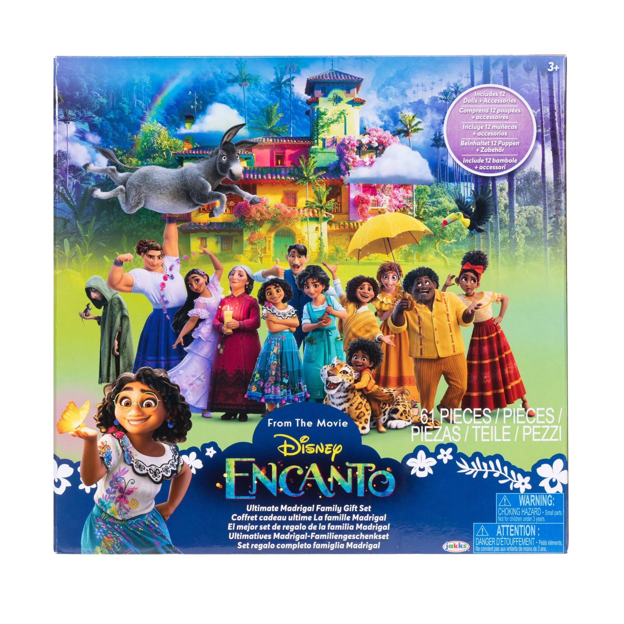 From The Movie Disney Encanto Ultimate Madrigal Family Gift Set

Includes 12 Dolls + Accessories
Comprend 12 poupées + accessoires
Incluye 12 muñecas + accesorios
Beinhaltet 12 Puppen + Zubehör
Include 12 bambole + accessori

61 PIECES / PIECES / PIEZAS / TEILE / PEZZI

WARNING: CHOKING HAZARD - Small parts. Not for children under 3 years.
ATTENTION: DANGER DE TOUFFEUFMENT - Pièces détachées. Ne convient pas aux enfants de moins de 3 ans.
ADVERTENCIA: PELIGRO DE ASFIXIA - Piezas pequeñas. No es adecuado para niños menores de 3 años.
ATTENTION: DANGER DE TOUFFEUFMENT - Pièces détachées. Ne convient pas aux enfants de moins de 3 ans.