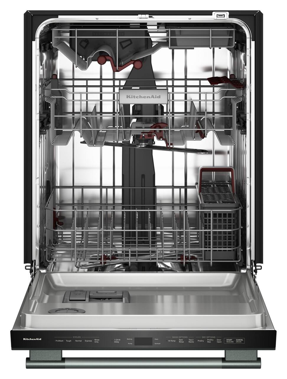 KitchenAid Dishwasher

Cycles:
- Prewash
- Tough
- Normal
- Express
- Rinse Only
- 1-24H Delay

Wash Options:
- Hi-Temp
- Sanitize
- High-Temp
- Rinse
- Extra Dry
- ProDry
- Max

Dry Options:
- Door Open
- ProDry
- Max

Start / Cancel
Resume / Drain