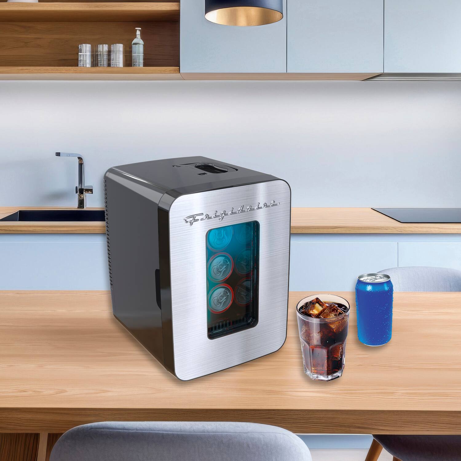 Left. Frigidaire - 15-Can Retro Mini Beverage Fridge Stainless Steel Door with Window - Stainless Steel.