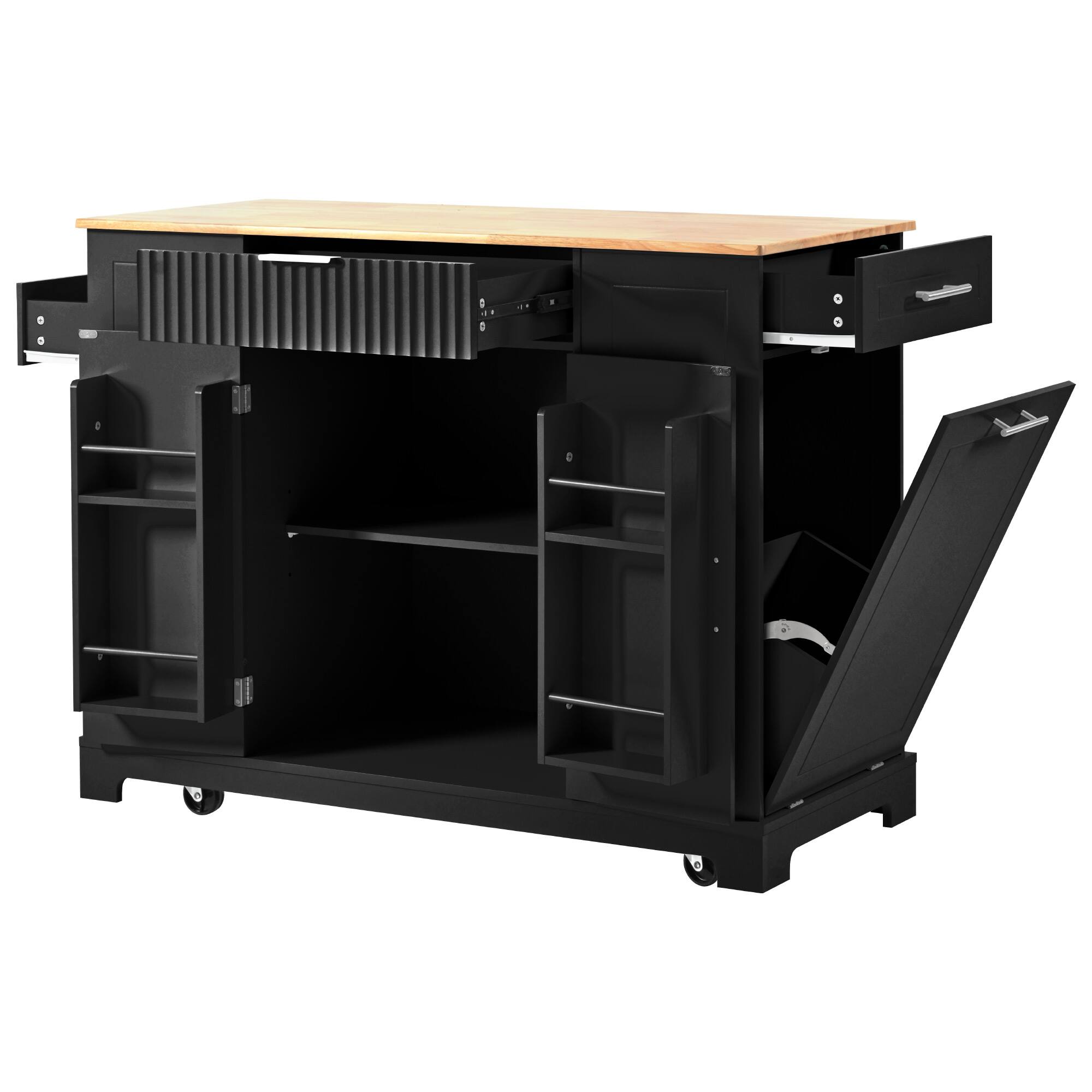 Left. Whisen - Fluted Kitchen Island Cart with Power Outlet & Trash Can Storage for Kitchen and Dining Room - Black.