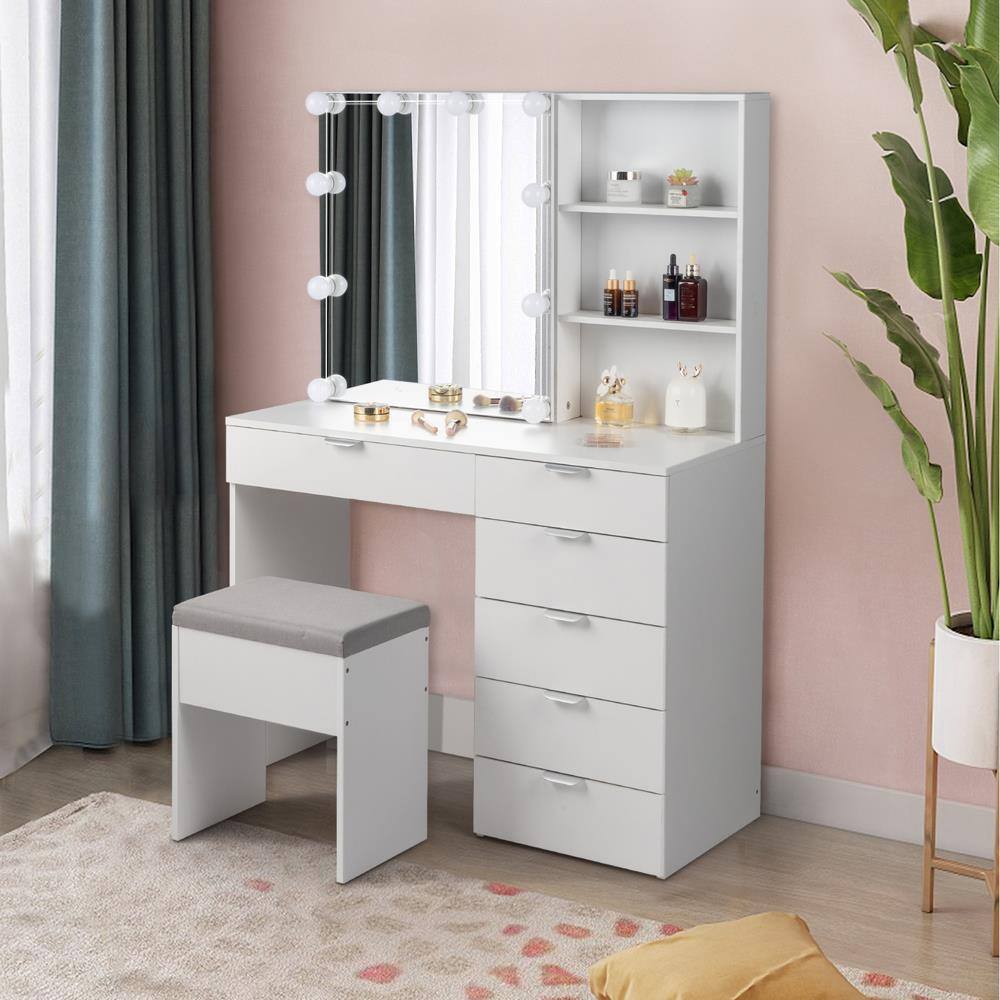 Alt View 5. Winado - Vanity Table Set 10 LED Mirror Makeup Cabinet with 6 Drawer Storage, Open Shelves Dresser Desk - White.