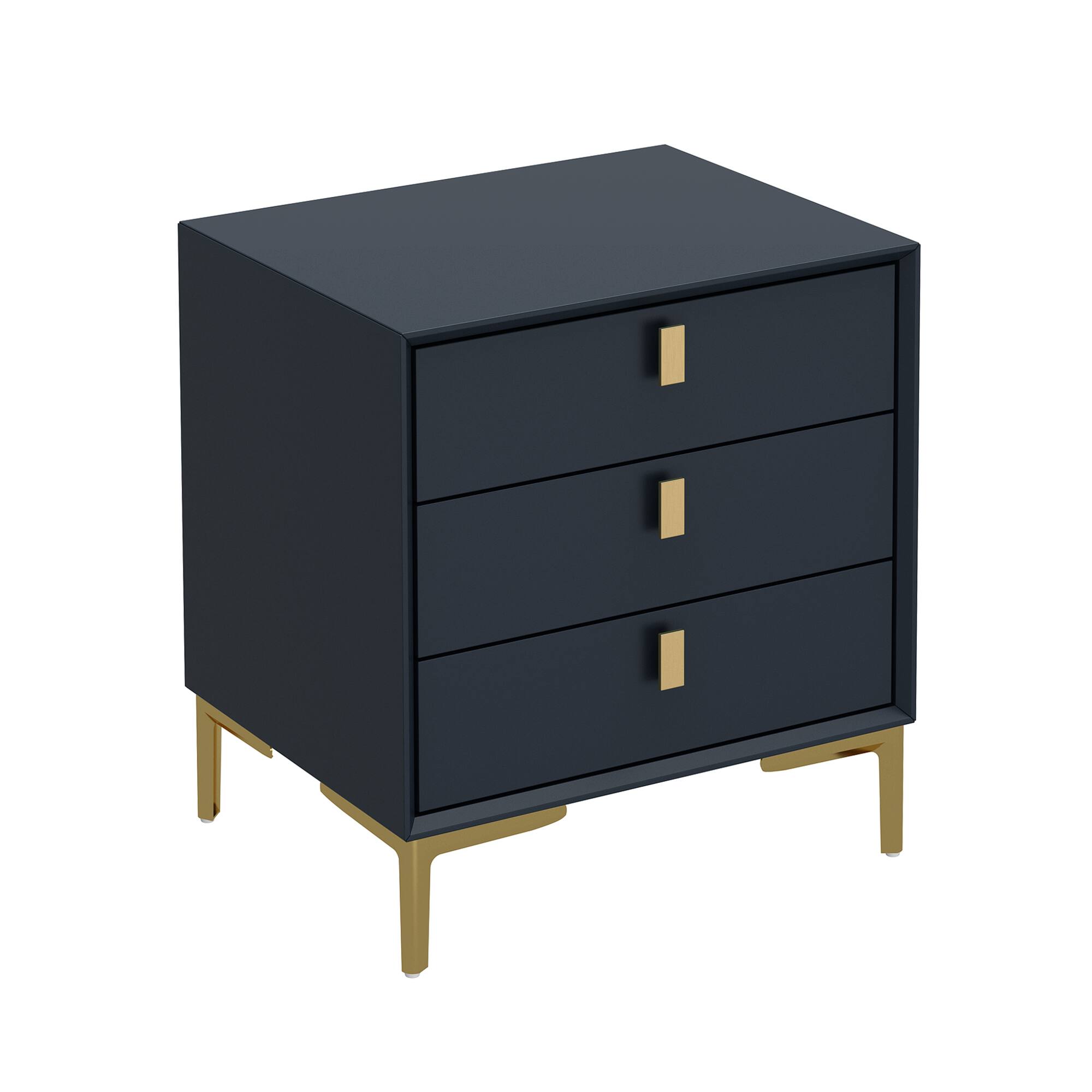 Back. FUFU & GAGA - FUFU&GAGA Modern Dark Blue Nightstand: Gold Accents, 3 - Drawer Storage - Dark Blue.