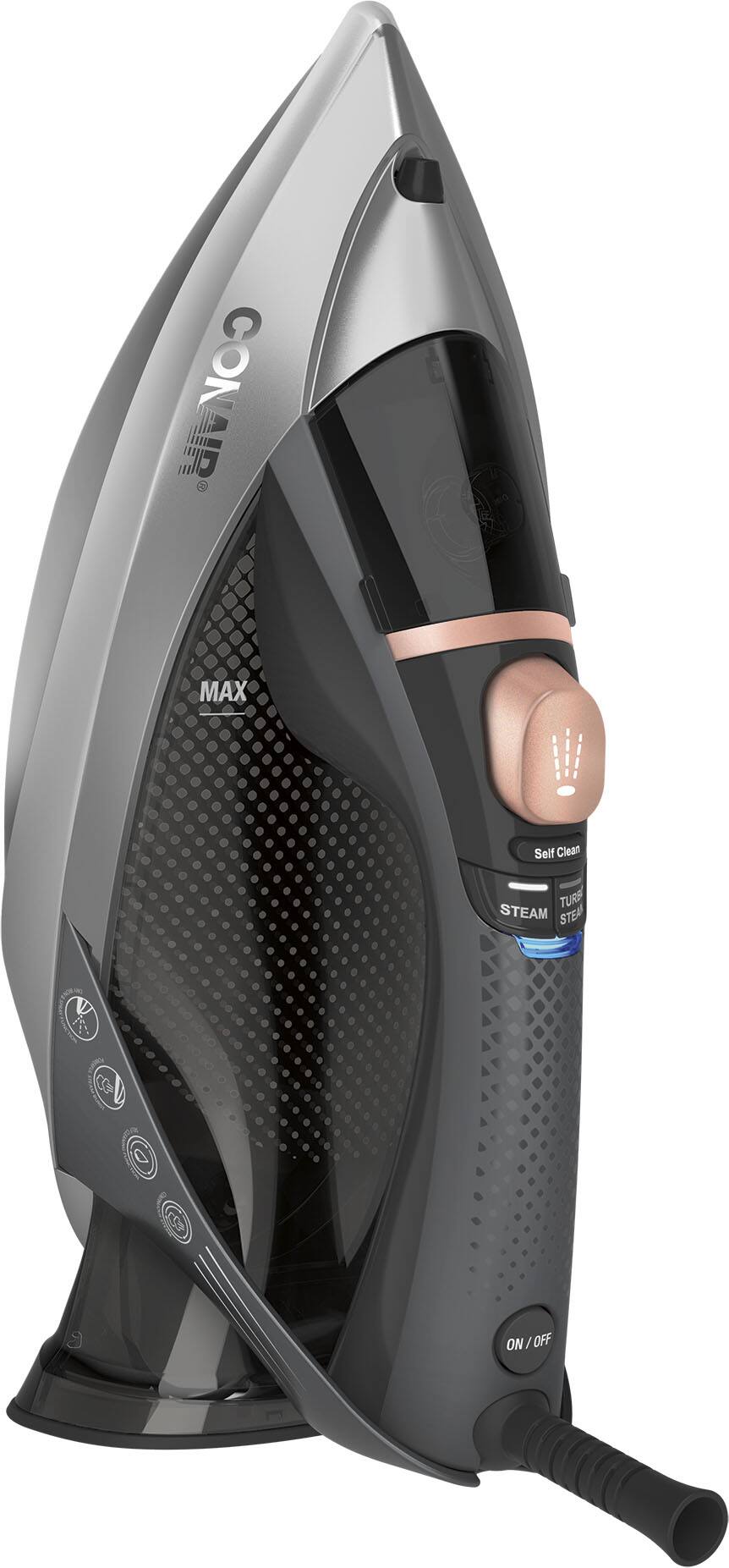 The text on the image reads "CONAIR AIR MAX Self Clean TURB STEAM STEAMER L23 ON/OFF ON/OFF."