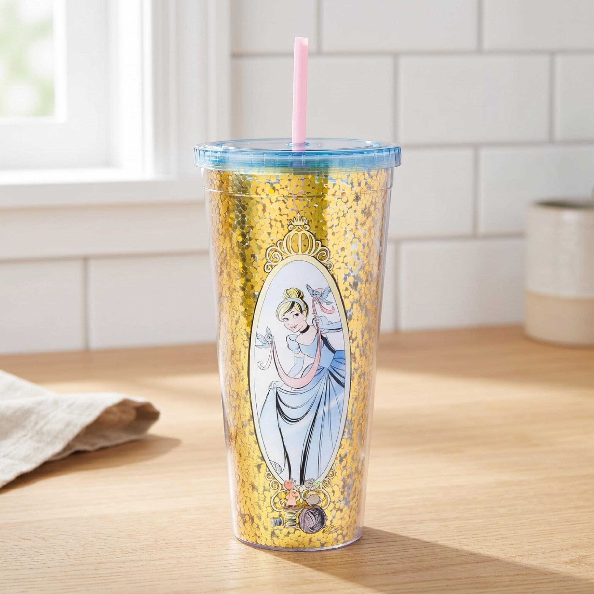 Alt View 4. Silver Buffalo - Disney Cinderella Mirror 32-Ounce Glitter Carnival Cup With Lid and Straw - Gold.
