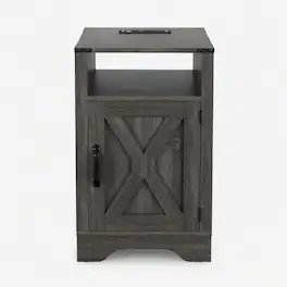 Loheer - Farmhouse Nightstand with Charging Station, 16-Inch Cabinet End Table - Dark Gray