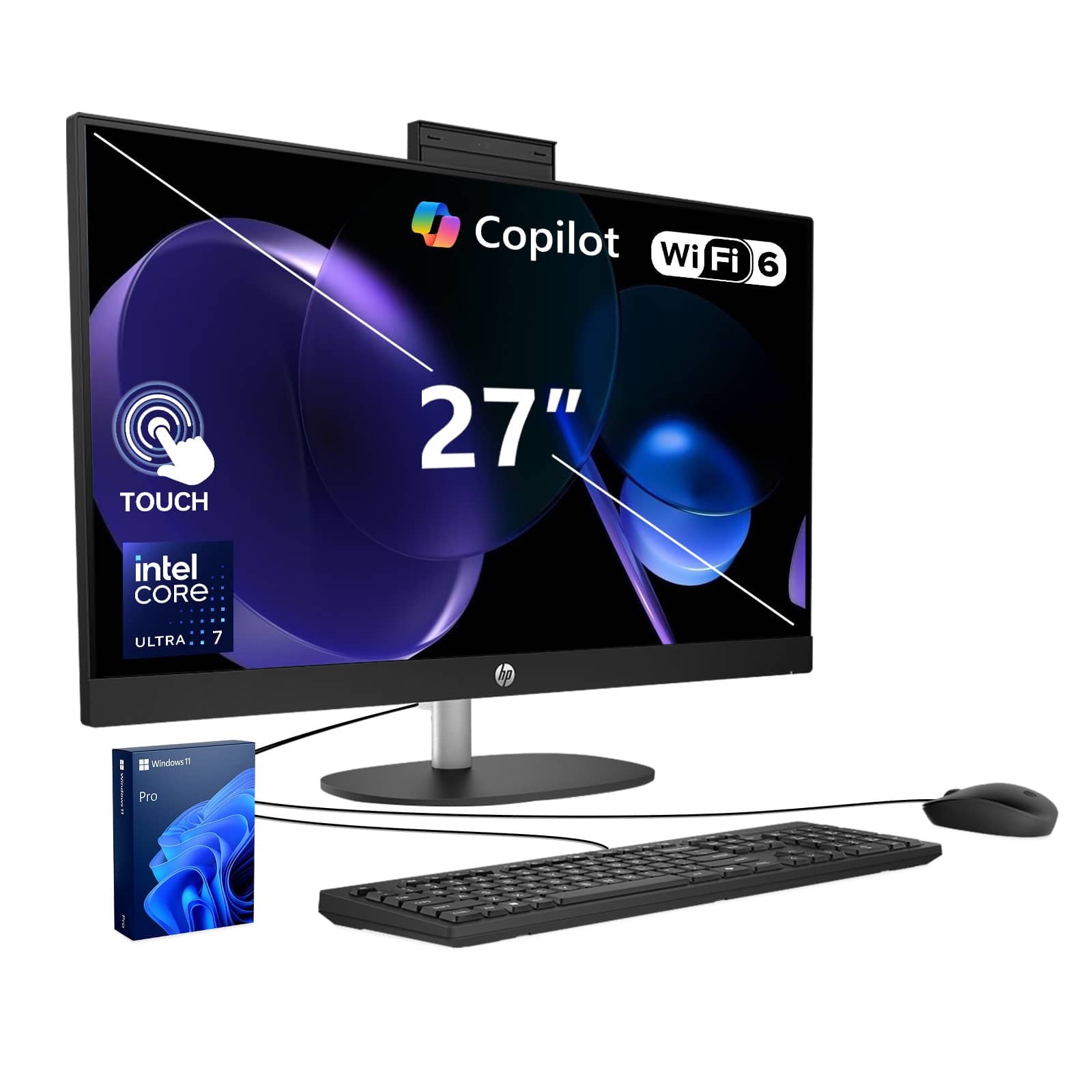 HP - Upgraded - 27" FHD Touch All-in-One - Intel Core Ultra 7 255U - 32GB RAM 1TB SSD - Wired Keyboard & Mouse - Copilot - Black