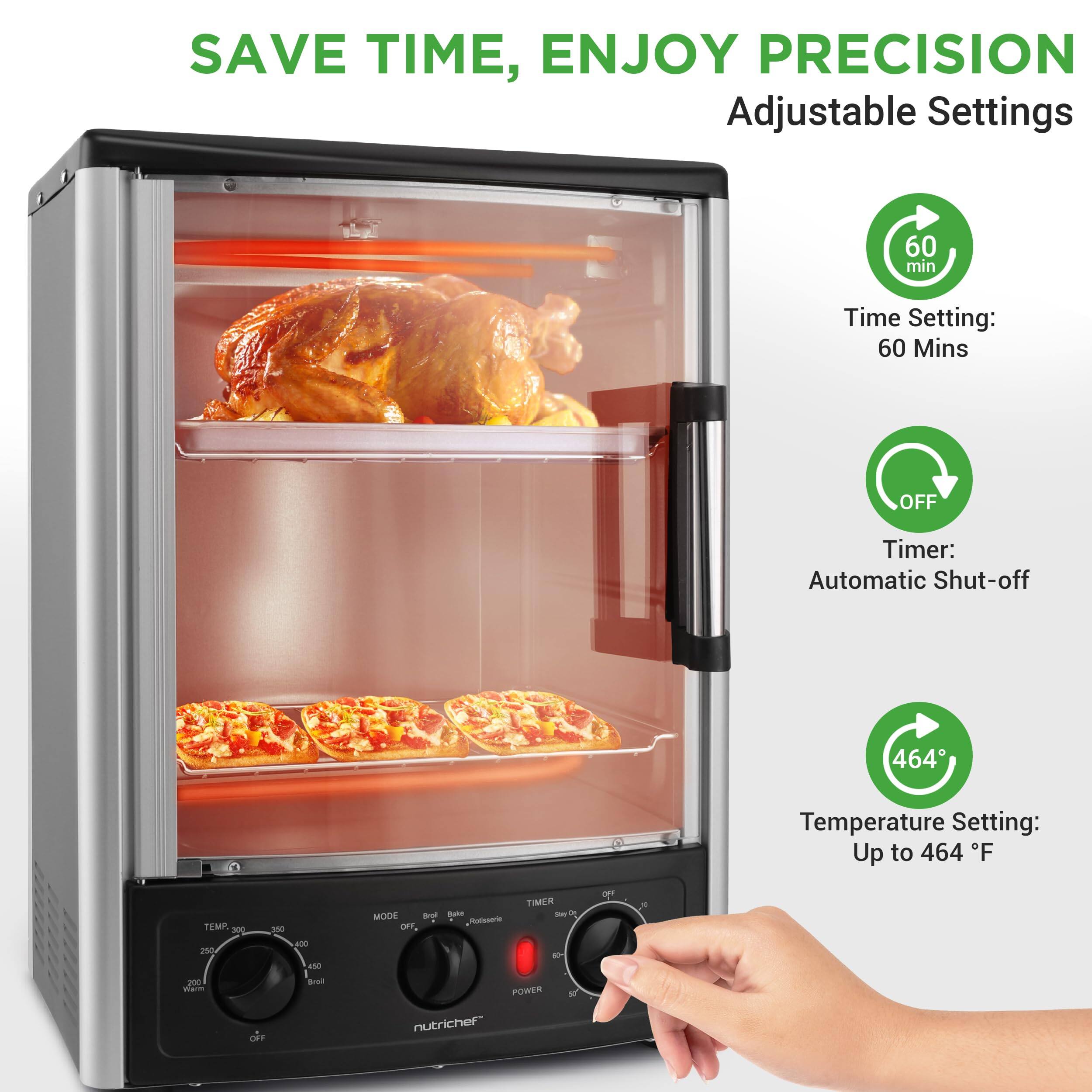 SAVE TIME, ENJOY PRECISION  
Adjustable Settings  

- Time Setting: 60 Mins  
- Timer: Automatic Shut-off  
- Temperature Setting: Up to 464 °F  

REMI - 0  
350 MODE - oF, - Mtoe TIMER Sy  
- P - aNd - Wiain - POWER - CHF nutricher