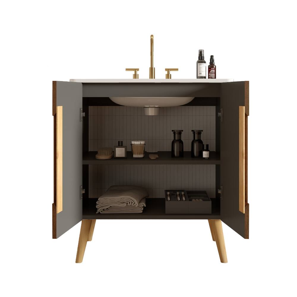 Alt View 6. Loheer - Loheer 30 inch freestanding bathroom vanity striped walnut finish carrara white ceramic sink - White+Walnut.