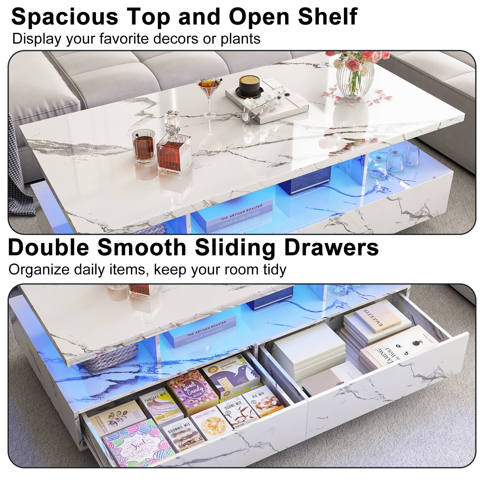 Spacious Top and Open Shelf  
Display your favorite decors or plants  

Double Smooth Sliding Drawers  
Organize daily items, keep your room tidy