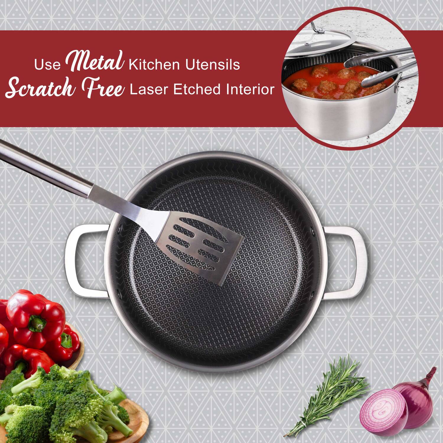 Use Metal Kitchen Utensils  
Scratch Free Laser Etched Interior