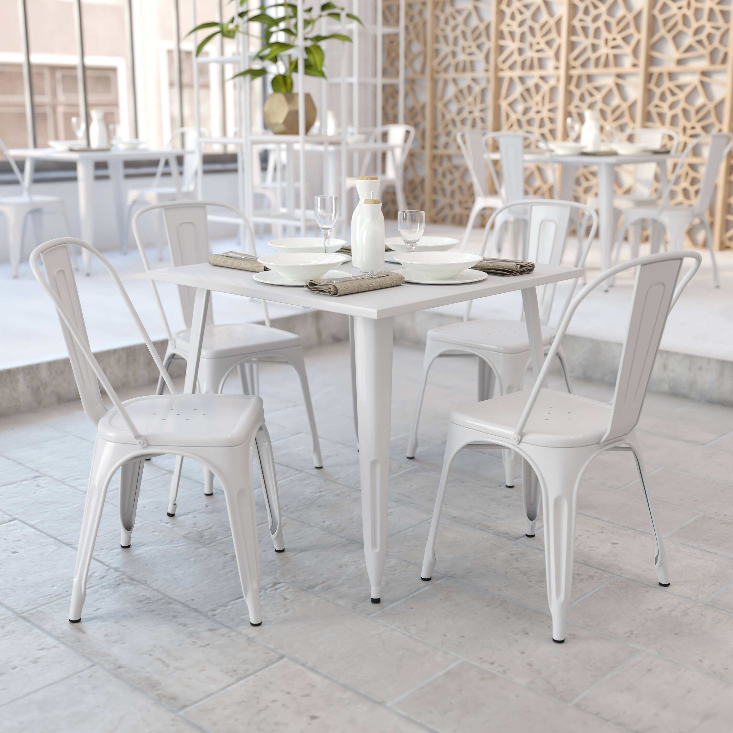 Alt View 1. Emma + Oliver - Commercial Grade 35.5" Square Colorful Metal Indoor-Outdoor Dining Table - White.
