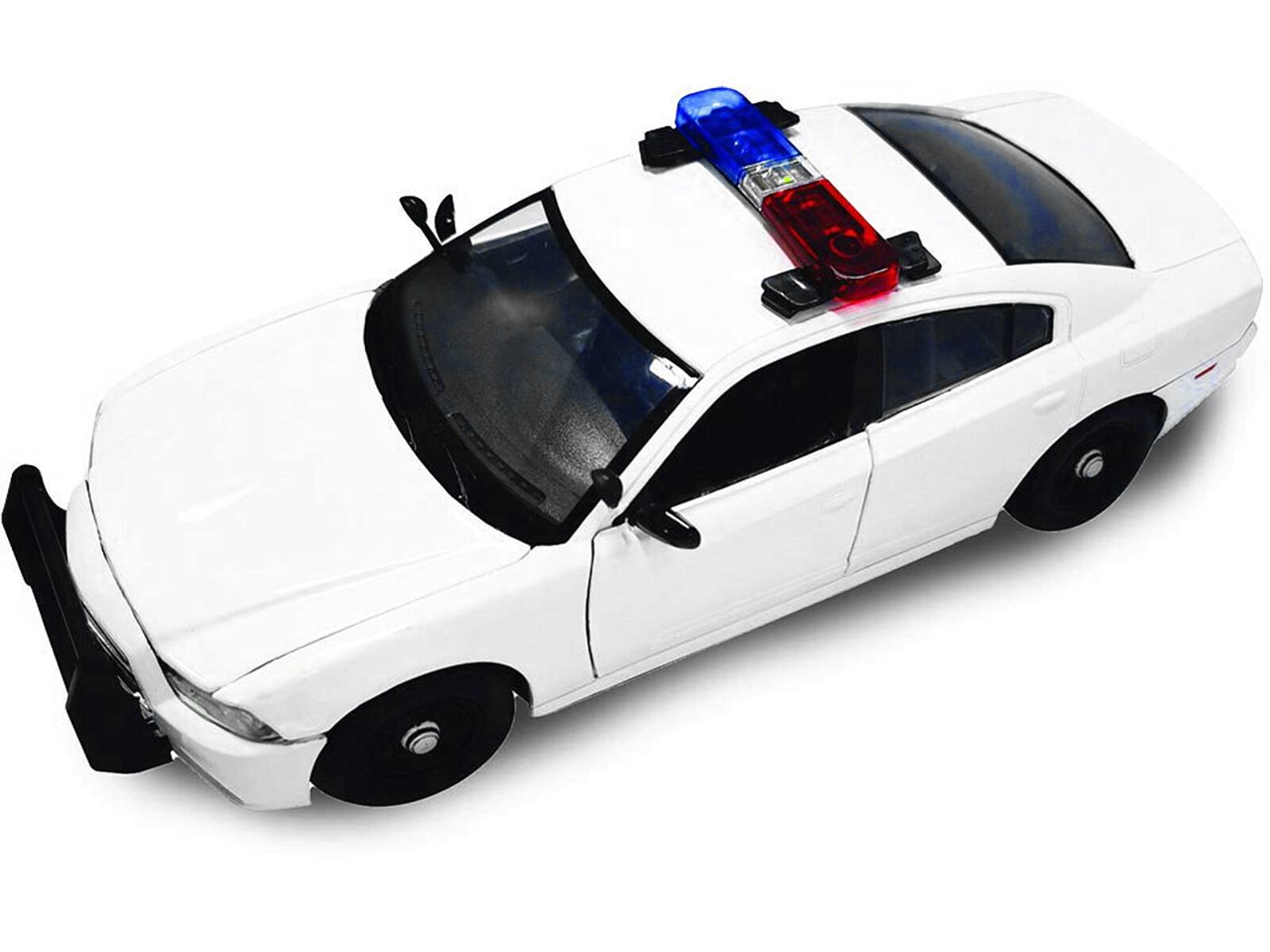 Alt View 2. Motormax - 2011 Dodge Charger Pursuit Police White w/ Flashing Light Bar, Front & Rear Lights & 2 Sounds 1/24 Model Car by Motormax.