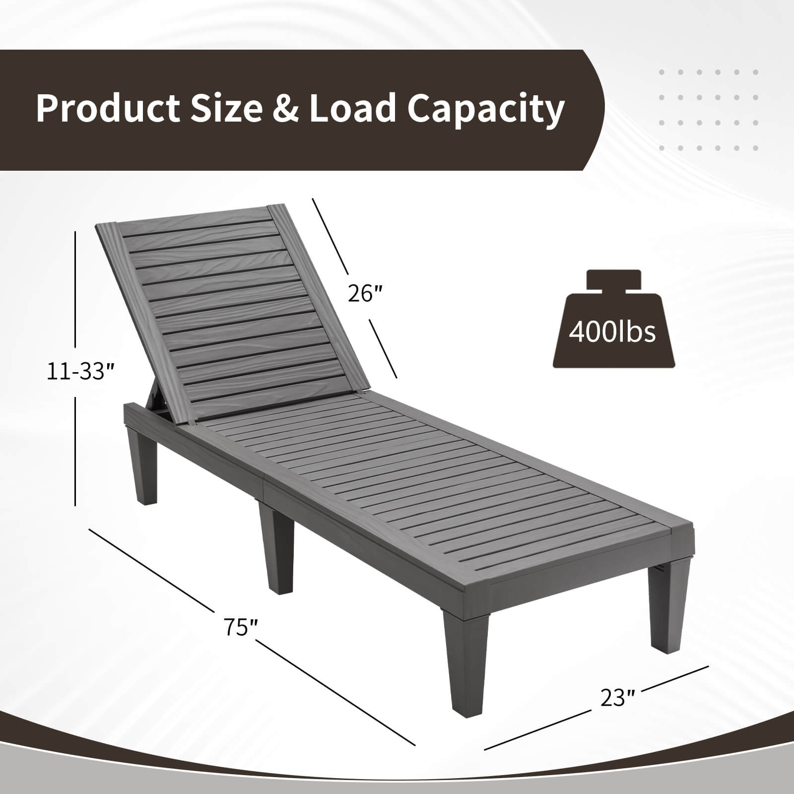Product Size & Load Capacity  
11-33" x 26" x 75" x 23"  
400lbs