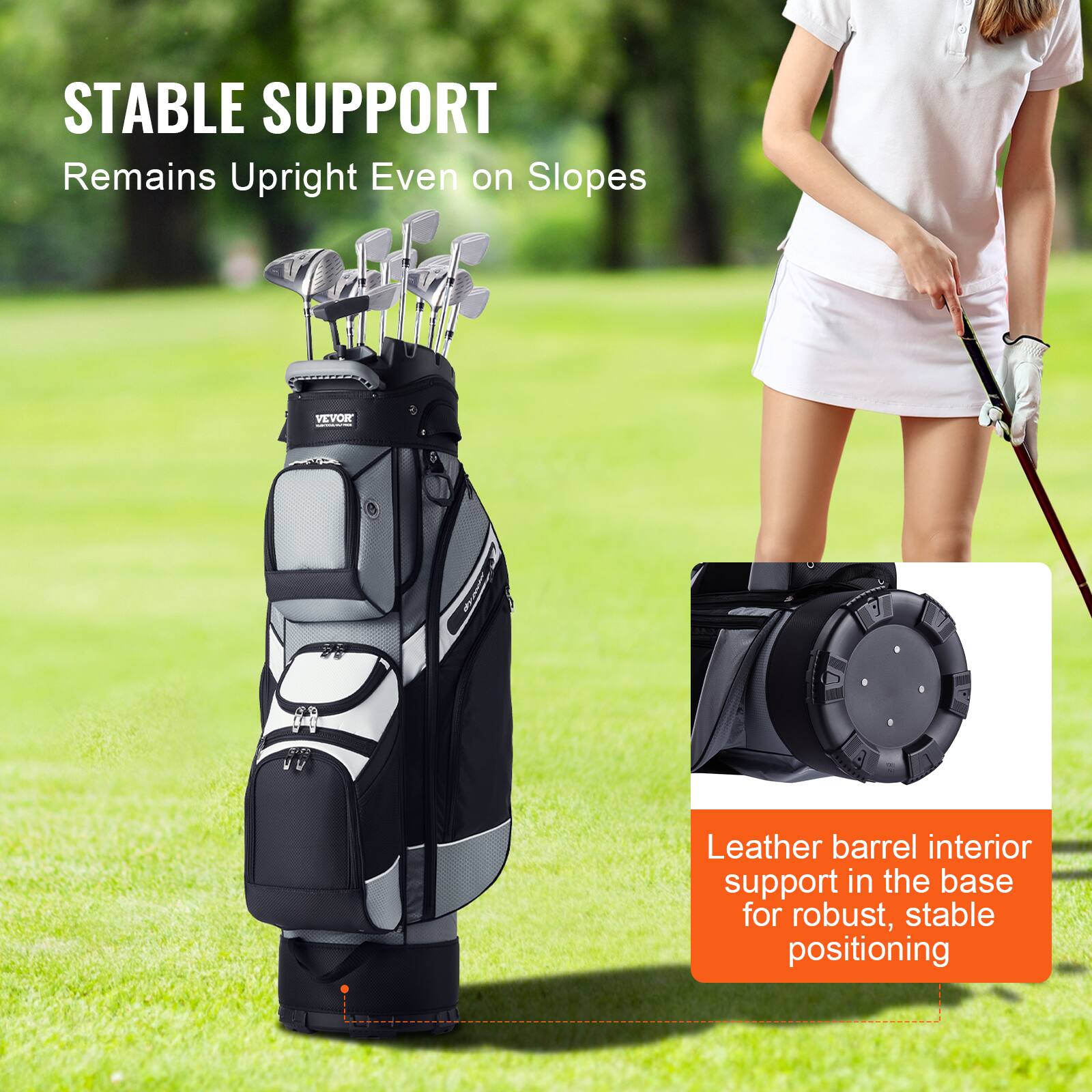 STABLE SUPPORT  
Remains Upright Even on Slopes  

Leather barrel interior support in the base for robust, stable positioning