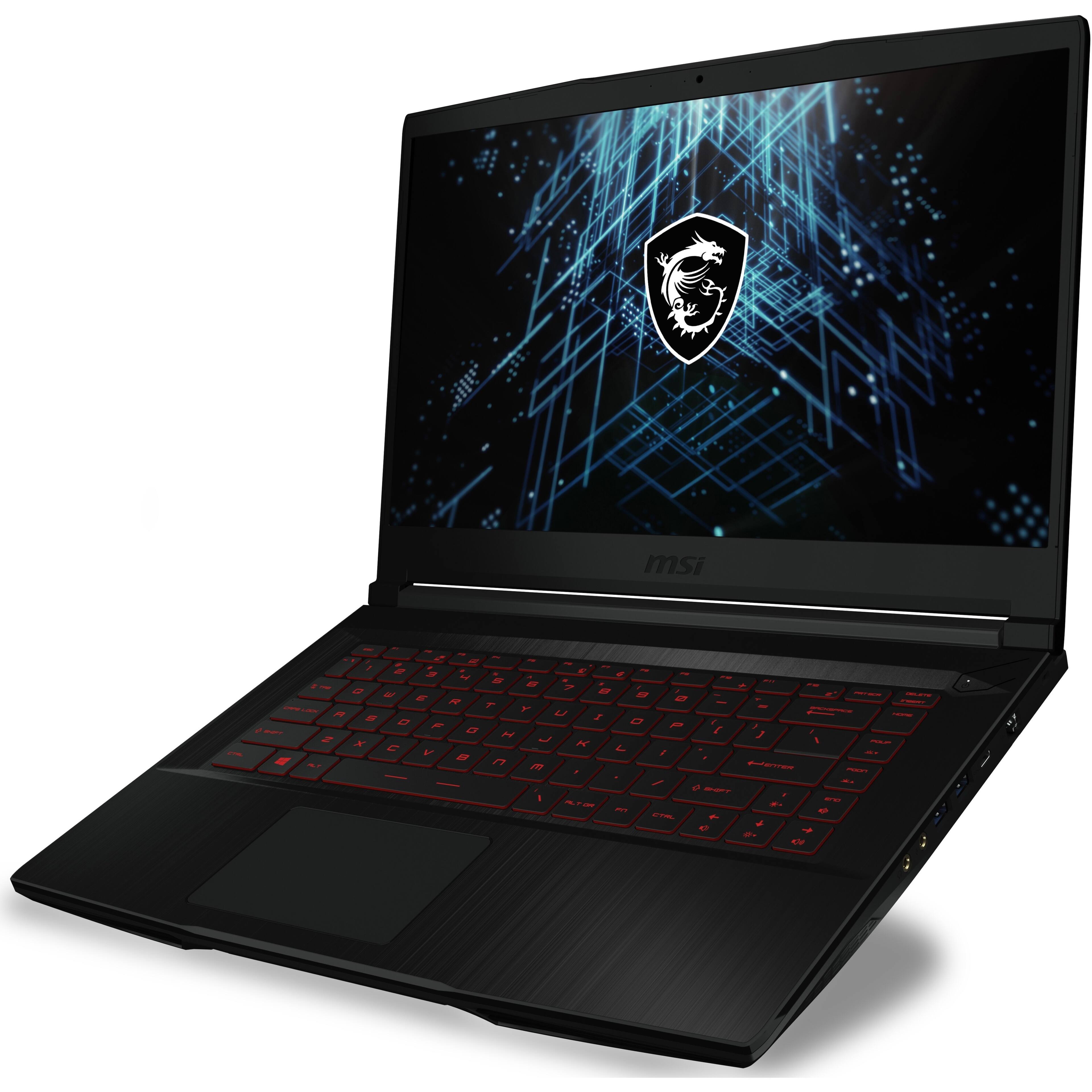 MSI laptop computer with a black screen and a logo on it.