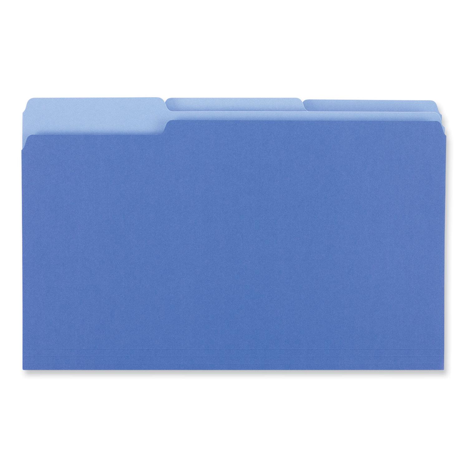Left. Universal - Interior File Folders, 1/3-Cut Tabs: Assorted, Legal Size, 11-pt Stock, Blue, 100/Box.