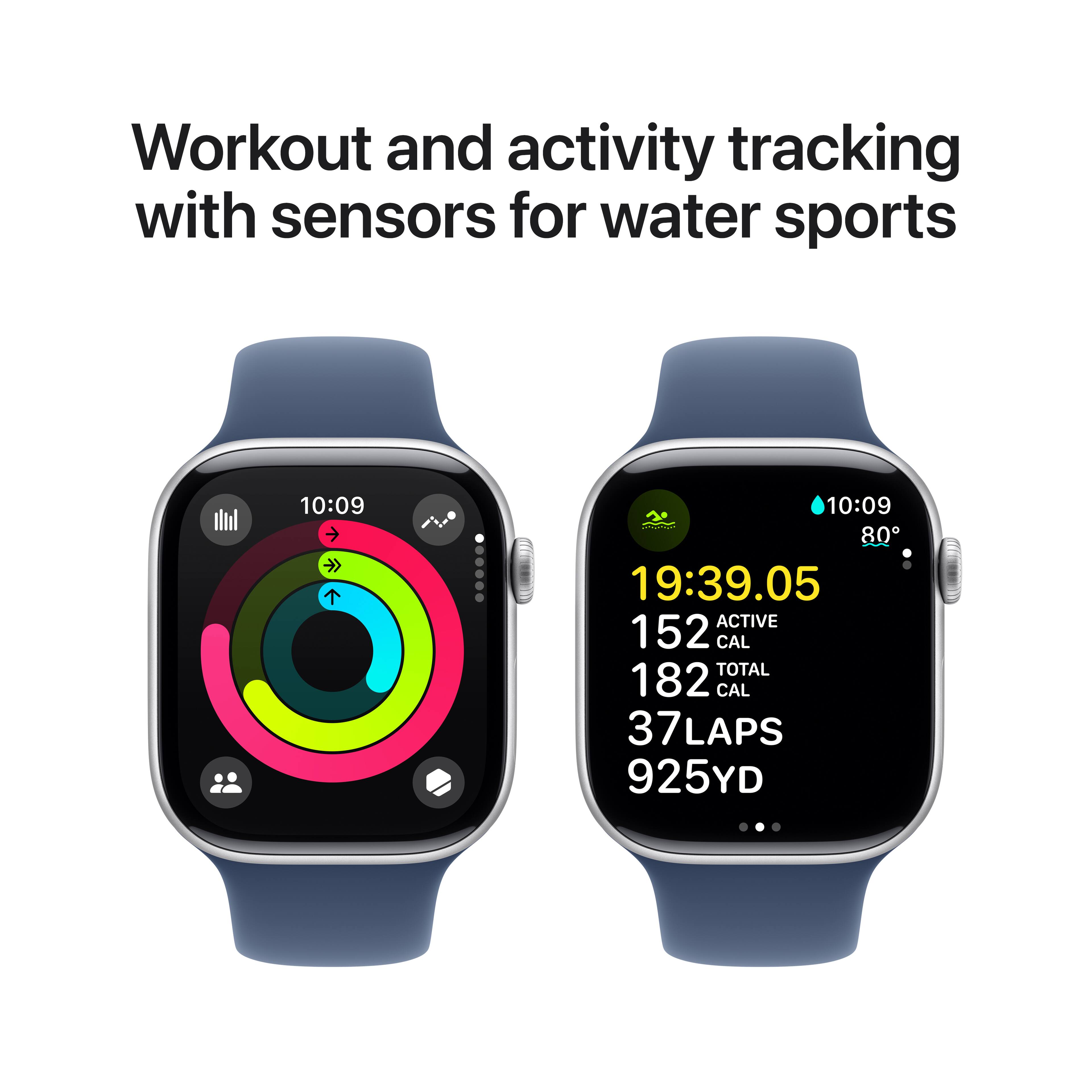 Workout and activity tracking with sensors for water sports: 10:09, 10:09, 80, 19:39.05, ACTIVE, 152 CAL TOTAL, 182 CAL, 37, 7 LAPS, 925 YD.