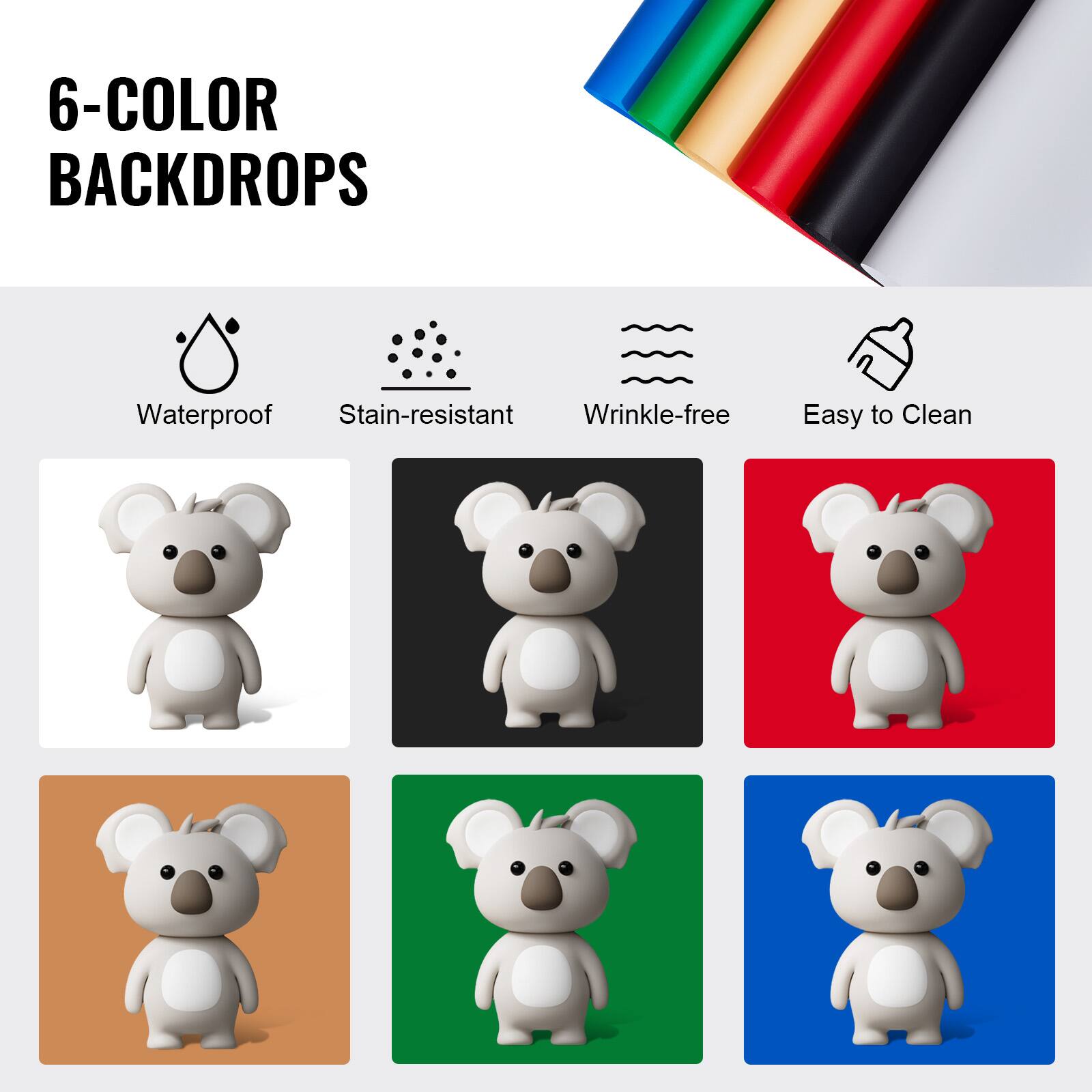 6-COLOR BACKDROPS

Waterproof  
Stain-resistant  
Wrinkle-free  
Easy to Clean