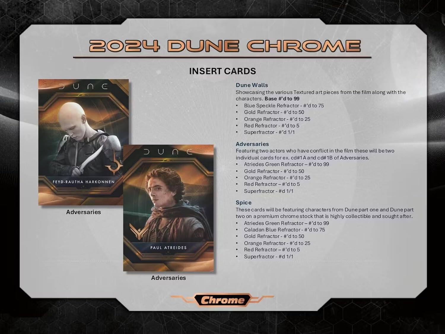 2024 DUNE CHROME INSERT CARDS

Dune Walls  
Showcasing the various textured art pieces from the film along with the characters.  
- Base #d to 99  
- Blue Speckle Refractor - #d to 75  
- Gold Refractor - #d to 50  
- Orange Refractor - #d to 25  
- Red Refractor - #d to 5  
- Superfractor - #d 1/1  

Adversaries  
Featuring two actors who have conflict in the film these will be two individual cards for ex. cd#1 A and cd#1B of Adversaries.  
- Feyd-Rautha Harkonnen  
  - Atriedes Green Refractor - #d to 99  
  - Gold Refractor - #d to 50  
  - Orange Refractor - #d to 25  
  - Red Refractor - #d to 5  
  - Superfractor - #d 1/1  

Spice  
These cards will be featuring characters from Dune part one and Dune part two on a premium chrome stock that is highly collect
