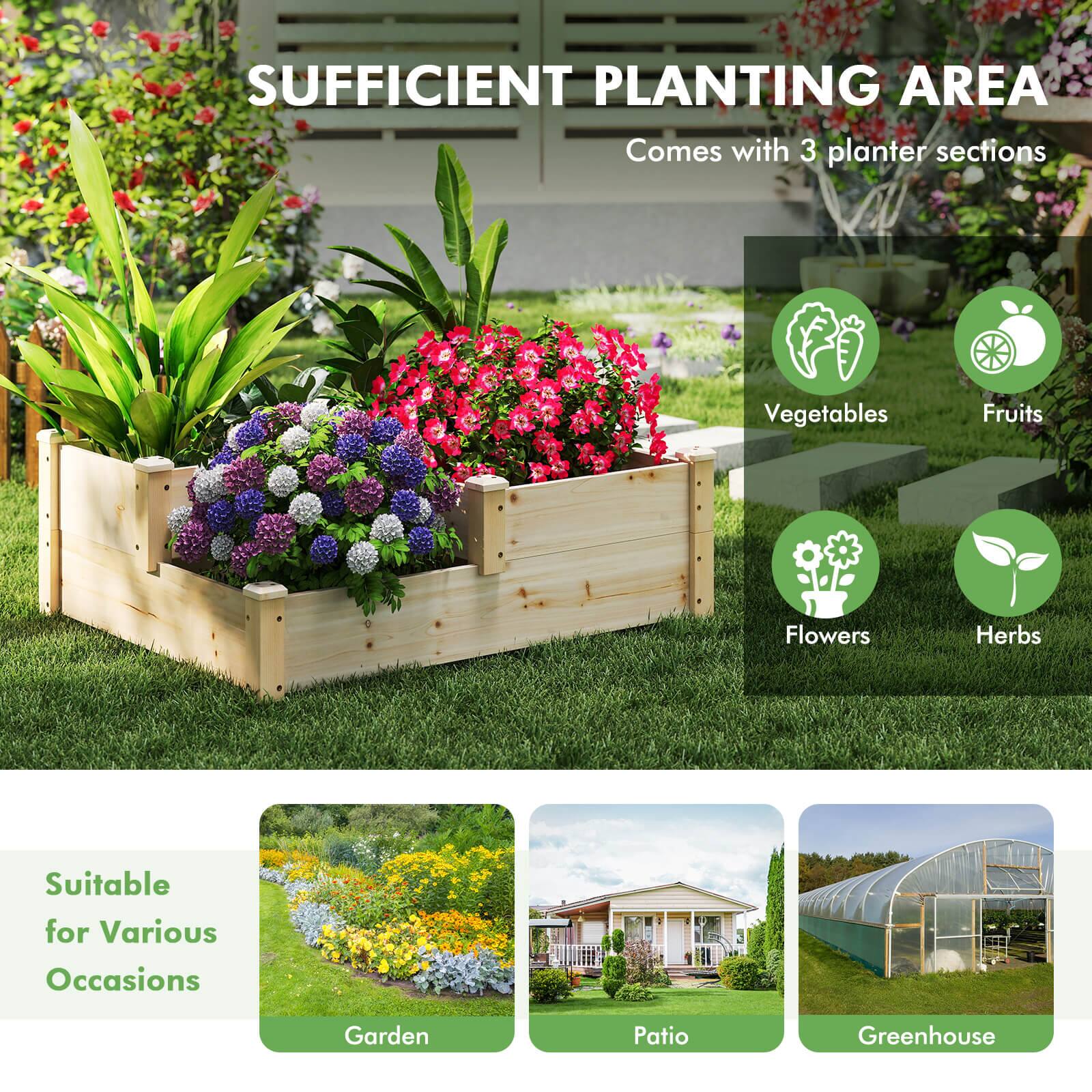 SUFFICIENT PLANTING AREA  
Comes with 3 planter sections  

Vegetables  
Fruits  
Flowers  
Herbs  

Suitable for Various Occasions  
Garden  
Patio  
Greenhouse