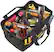 The image features a black bag filled with various tools, including a drill, a saw, and a wrench. The bag is likely used for carrying these tools to a work site or for storage purposes. The tools are organized in the bag, making it easy to find and access the desired item when needed.