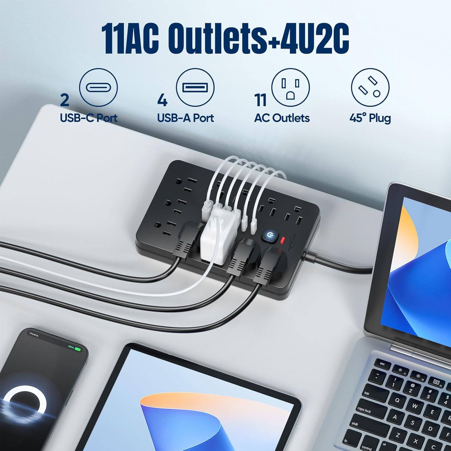 11AC Outlets + 4U2C  
2 USB-C Port  
4 USB-A Port  
11 AC Outlets  
45° Plug