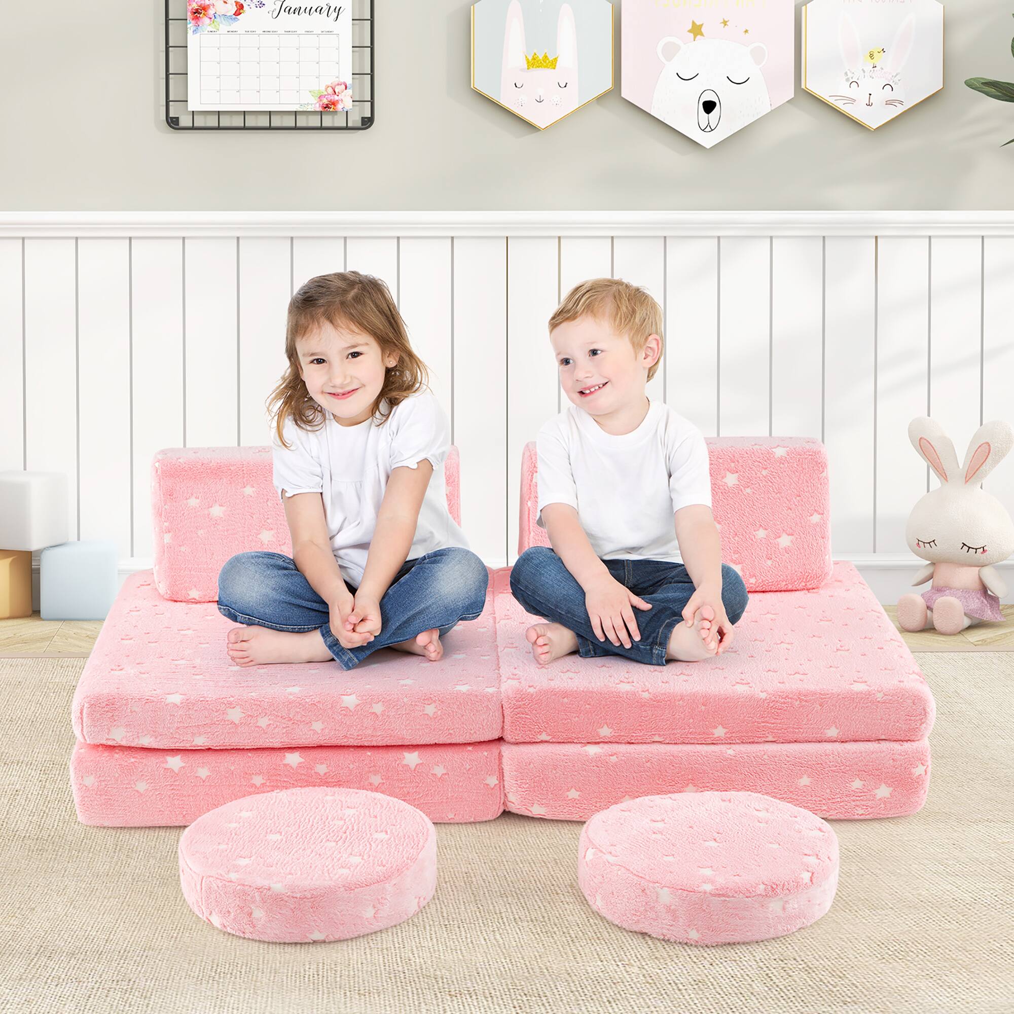 Alt View 1. Gymax - Gymax Glow in the Dark Modular Kids Play Couch Set w/ Machine-washable Flannel Covers Pink - Pink.