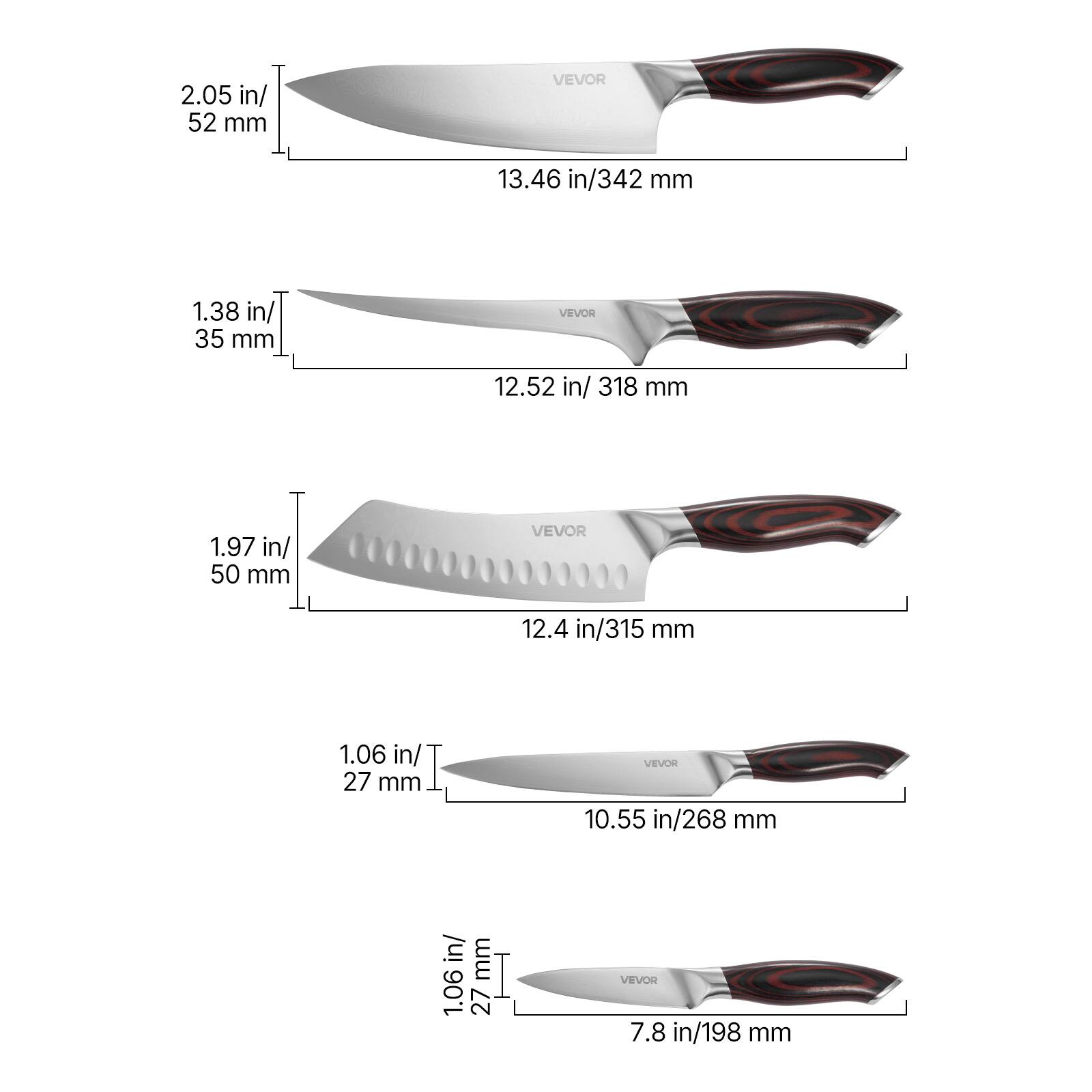 2.05 in/ 52 mm  
13.46 in/342 mm  
1.38 in/ 35 mm  
12.52 in/318 mm  
1.97 in/ 50 mm  
12.4 in/315 mm  
1.06 in/ 27 mm  
10.55 in/268 mm  
7.8 in/198 mm