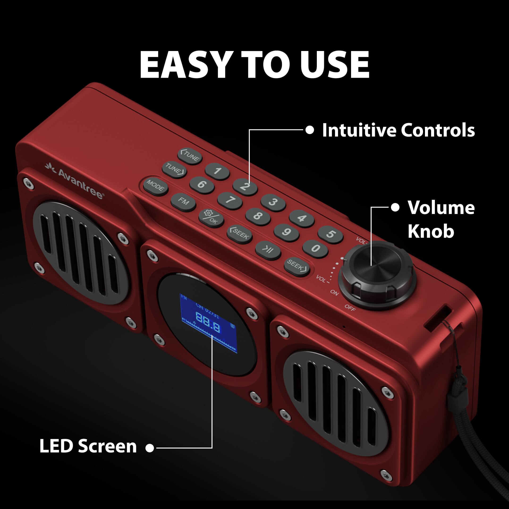 Alt View 3. Avantree - Boombyte - Portable Digital FM Radio with Bluetooth Speaker, Superb Sound, Metal Finish - Red.