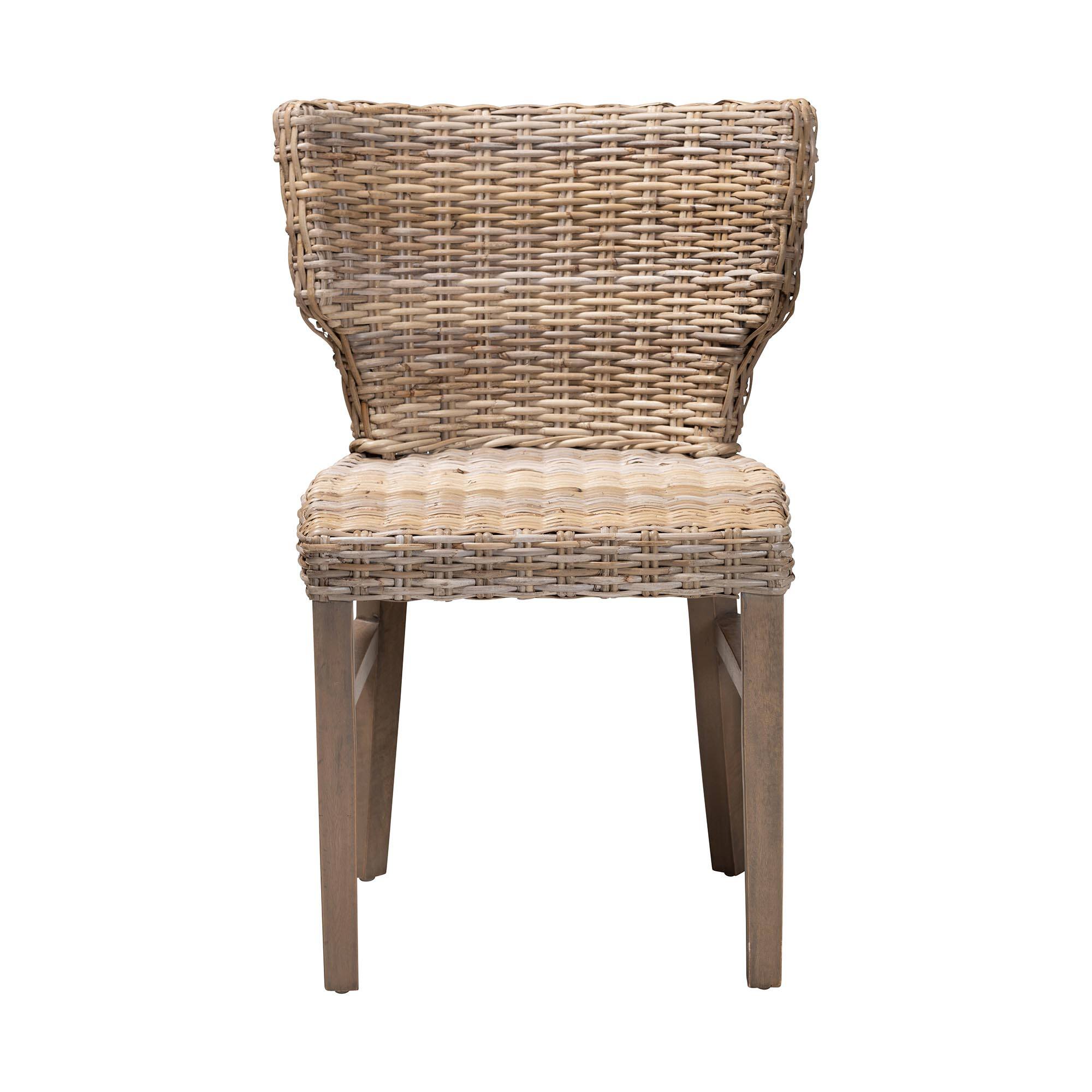 Angle. bali & pari - Enver Modern Bohemian Rattan Wood Dining Chair - Greywashed/Brown.