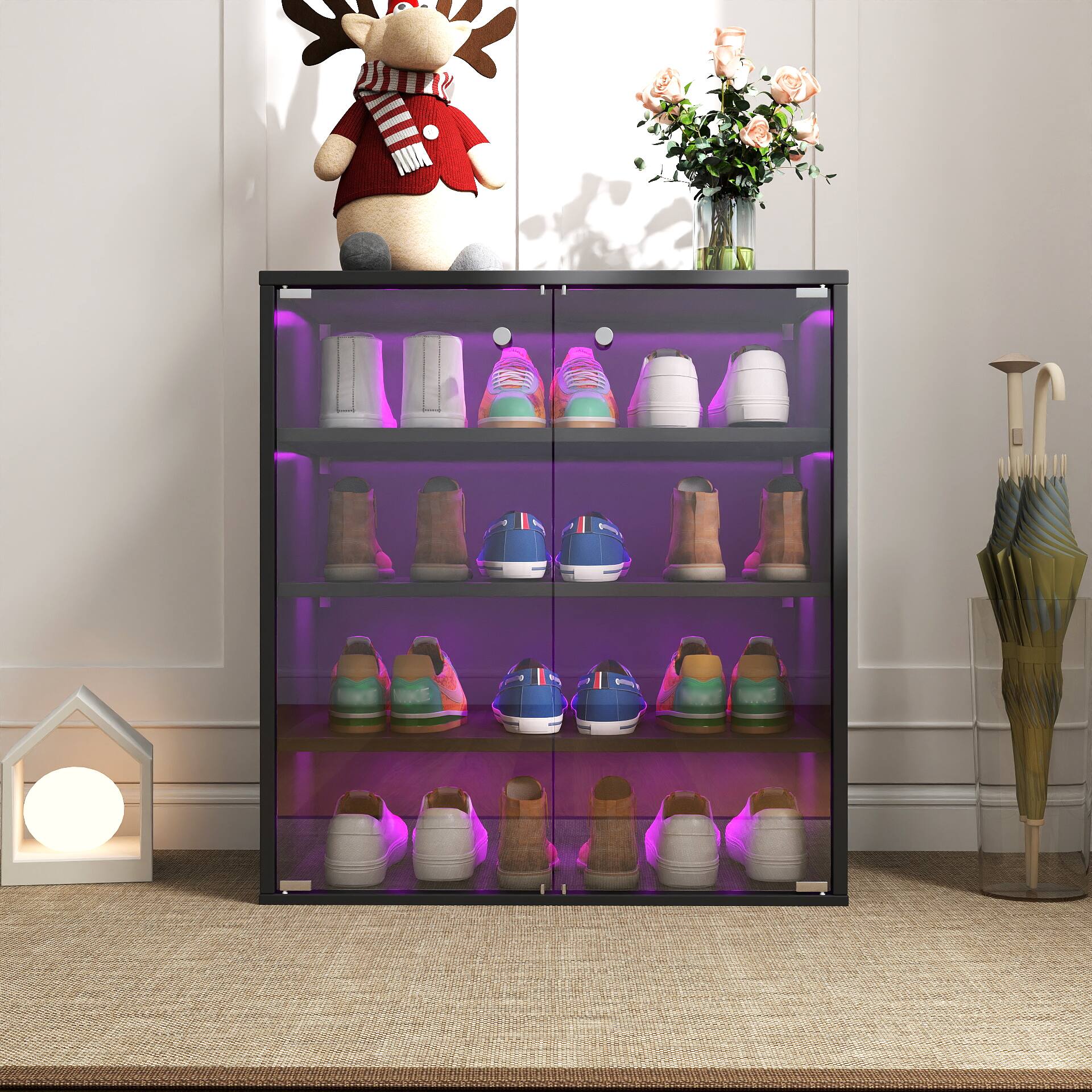 Left. Dexmalle - Dexmalle-Wooden Shoe Diasplay Storage Box with Glass Door,RGB LED Light-Black - Black.