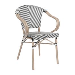 Emma + Oliver - Massalia Indoor/Outdoor Stacking Thonet Bistro Style Chair with Arms, Textilene Seat and Bamboo Finished Metal Frame - Black & White/Light Natural Frame