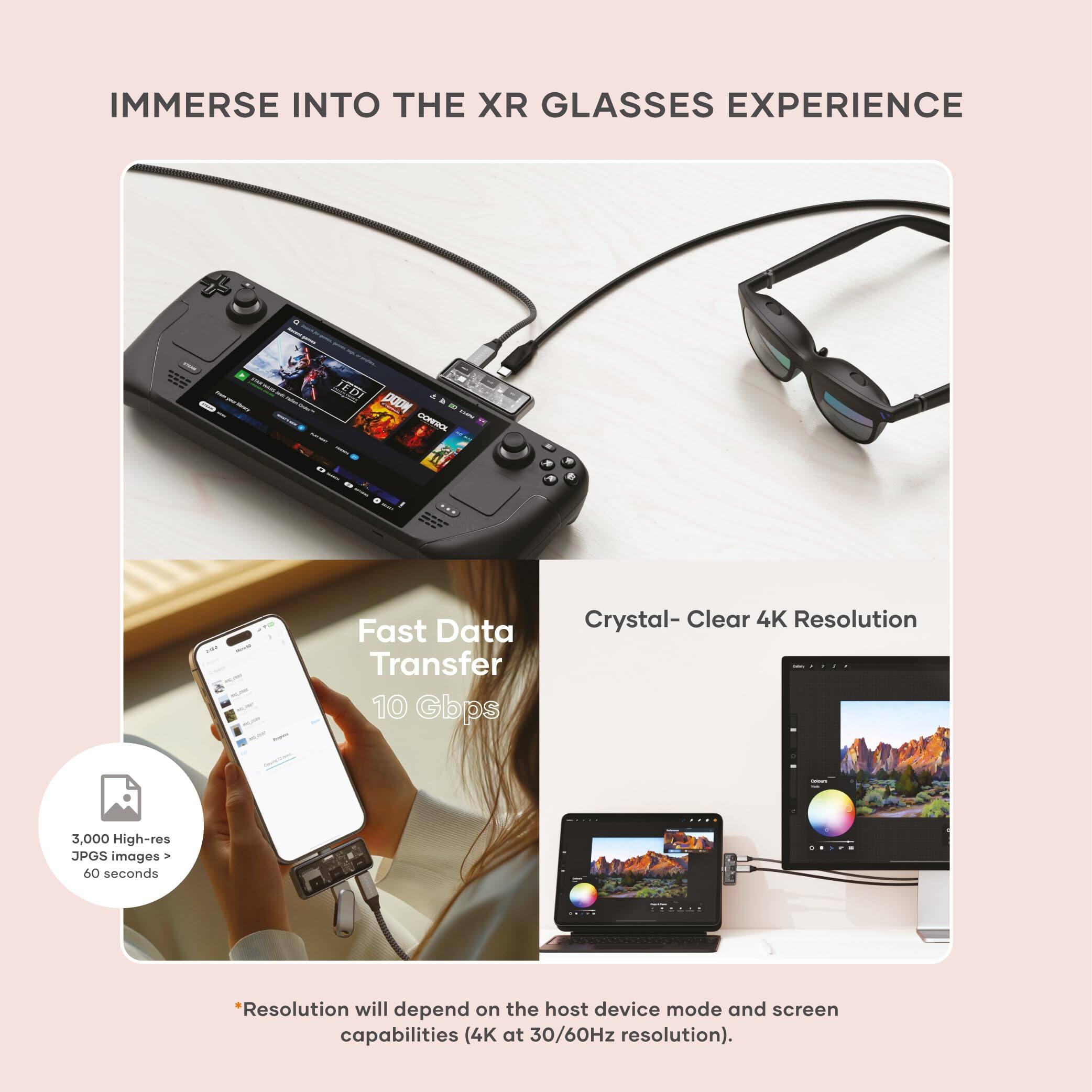 IMMERSE INTO THE XR GLASSES EXPERIENCE

Fast Data Transfer 10 Gbps

Crystal-Clear 4K Resolution

3,000 High-res JPGS images > 60 seconds

*Resolution will depend on the host device mode and screen capabilities (4K at 30/60Hz resolution).