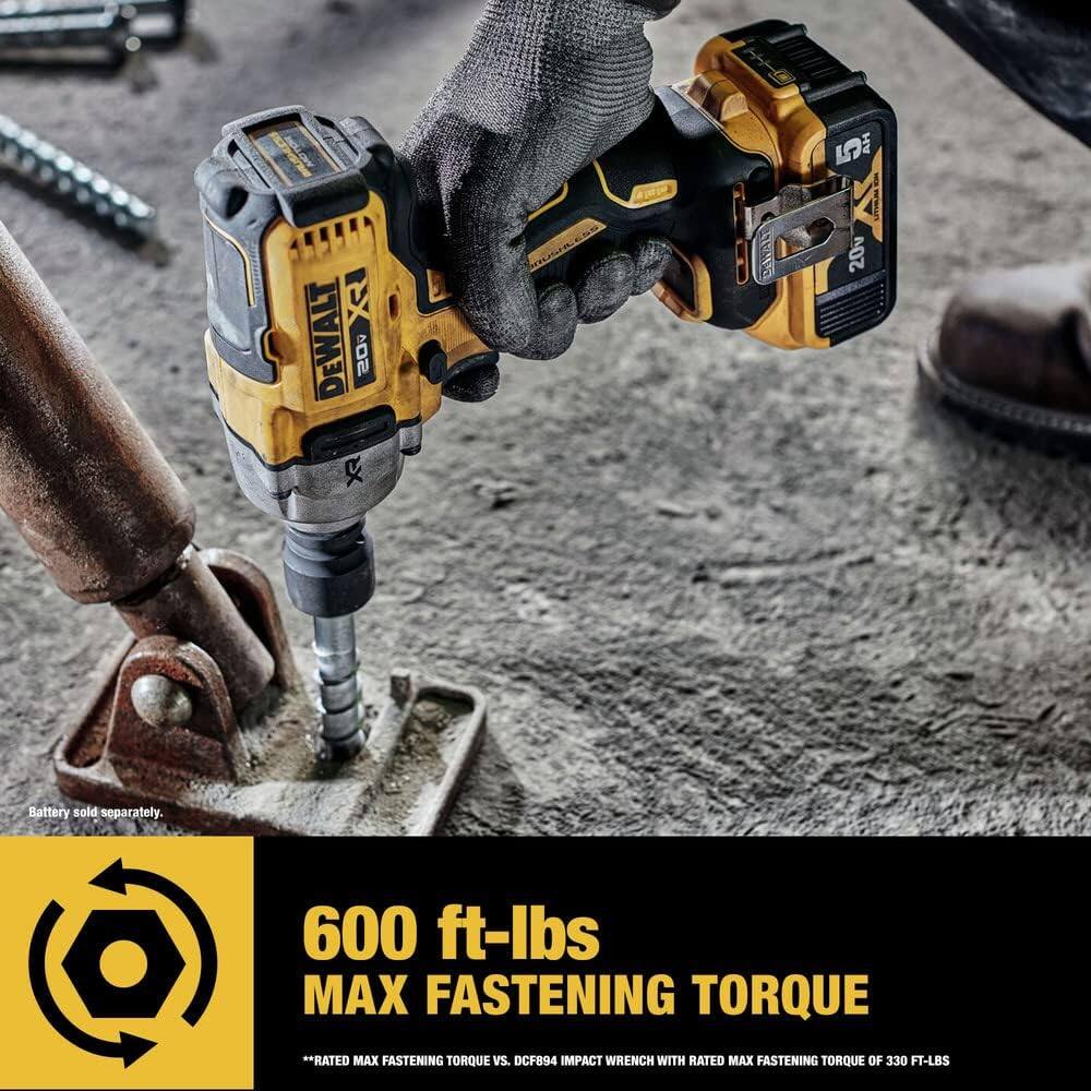 DEWALT 20V MAX  
600 ft-lbs MAX FASTENING TORQUE  
*Rated Max Fastening Torque vs. DCF894 Impact Wrench with Rated Max Fastening Torque of 330 ft-lbs  
Battery sold separately.