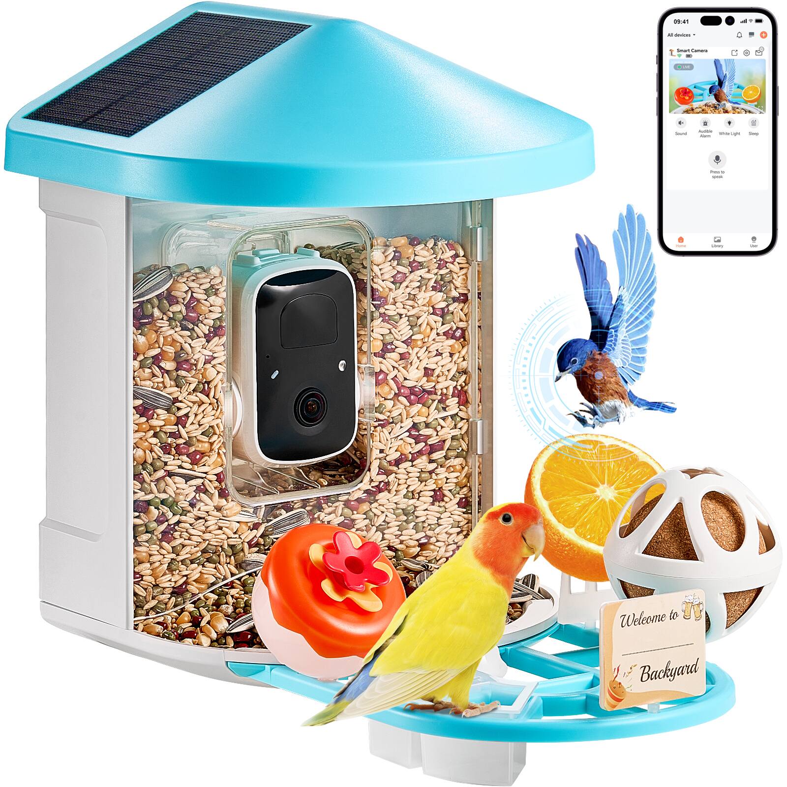 VEVOR - Smart Bird Feeder with Camera, 2K HD AI Identify 10000+ Bird Species, Solar-Powered Bird Watching Camera - White + Light Blue