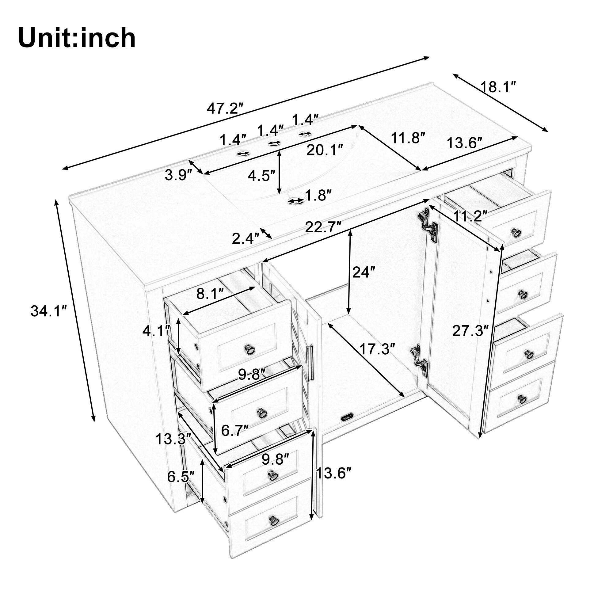 Unit: inch

47.2" 1.4" 1.4" 1.4" 20.1"
18.1" 11.8" 13.6"
3.9"
4.5" 2.4"
1.8" 22.7"
11.2"
34.1"
4.1"
8.1"
24" 17.3"
27.3"
9.8"
13.3" 6.5"
6.7" 9.8"
13.6"