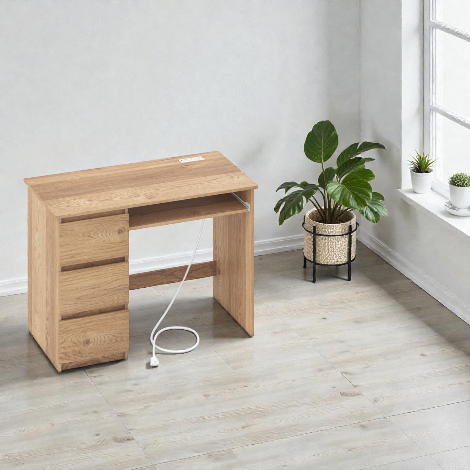 Hivvago - Office Desk with Electrical Outlet, Keyboard Tray, and Triple Drawer Organizer - Natural