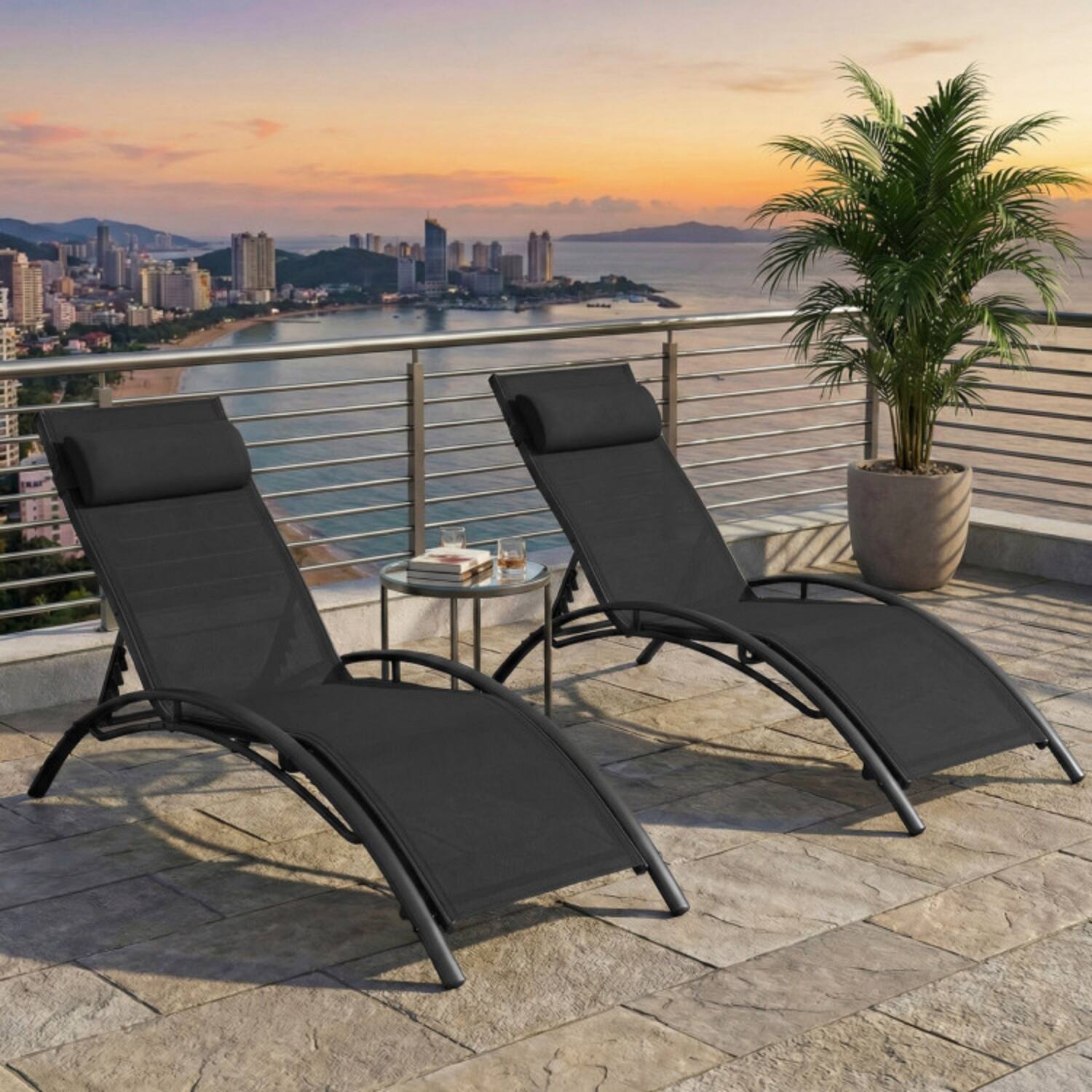 Alt View 1. Mondawe - 2 Pack Patio Chaise Lounges w 5-Position Backrest & Adjustable Headrest Heavy Duty - Black.
