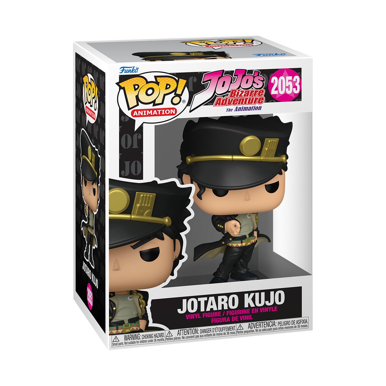 Funko POP! Animation  
JoJo's Bizarre Adventure 2053 The Animation  

JOTARO KUJO  
VINYL FIGURE / FIGURINE EN VINYLE / FIGURA DE VINIL  

WARNING: CHOKING HAZARD - Small parts. Not for children under 3 years.  
ATTENTION: DANGER D'ETOUFFEMENT - Petites pièces. Ne convient pas aux enfants de moins de 3 ans.  
ADVERTENCIA: PELIGRO DE ASFIXIA - Piezas pequeñas. No es adecuado para niños menores de 3 años.