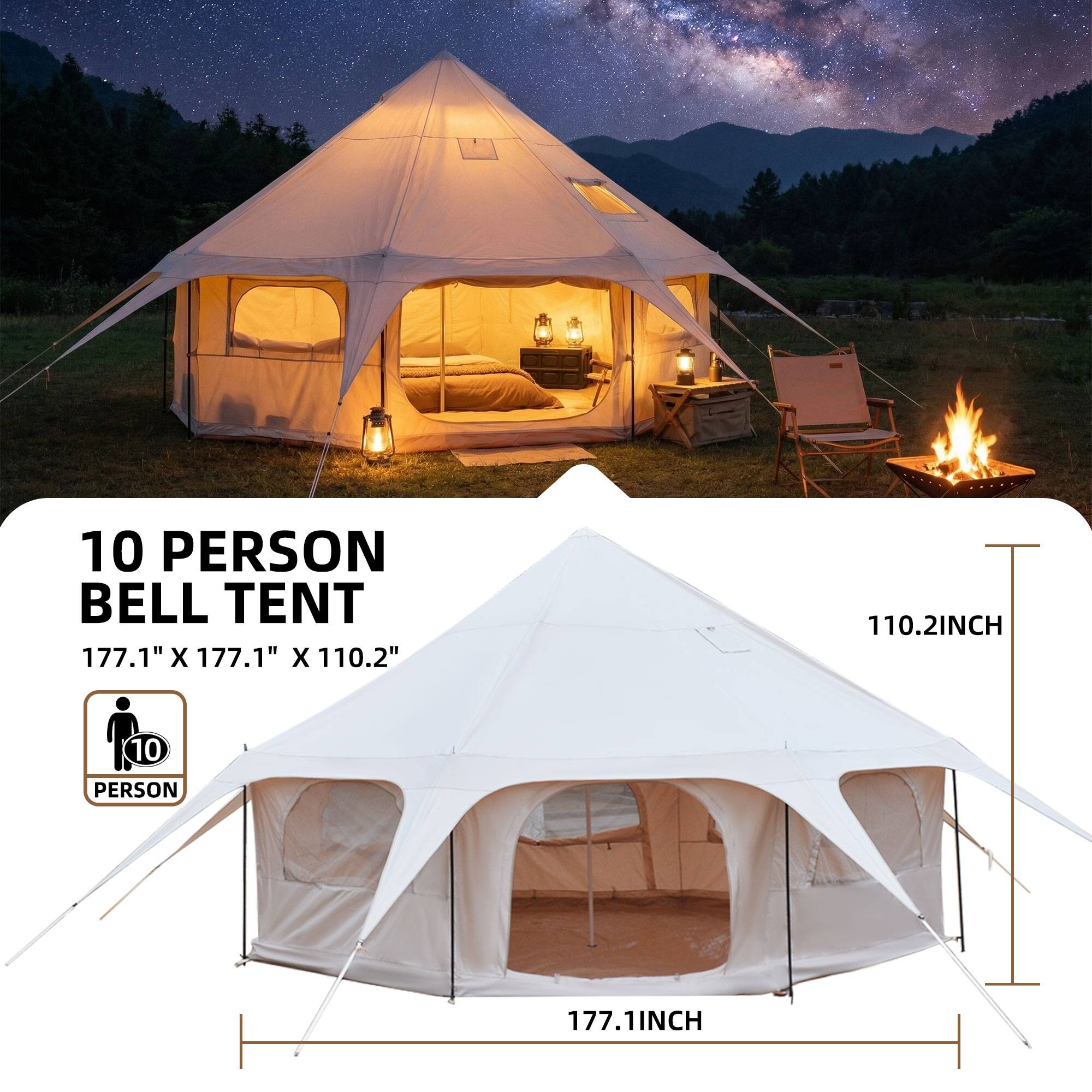 10 PERSON BELL TENT  
177.1" X 177.1" X 110.2"  
110.2INCH  
10 PERSON  
177.1INCH