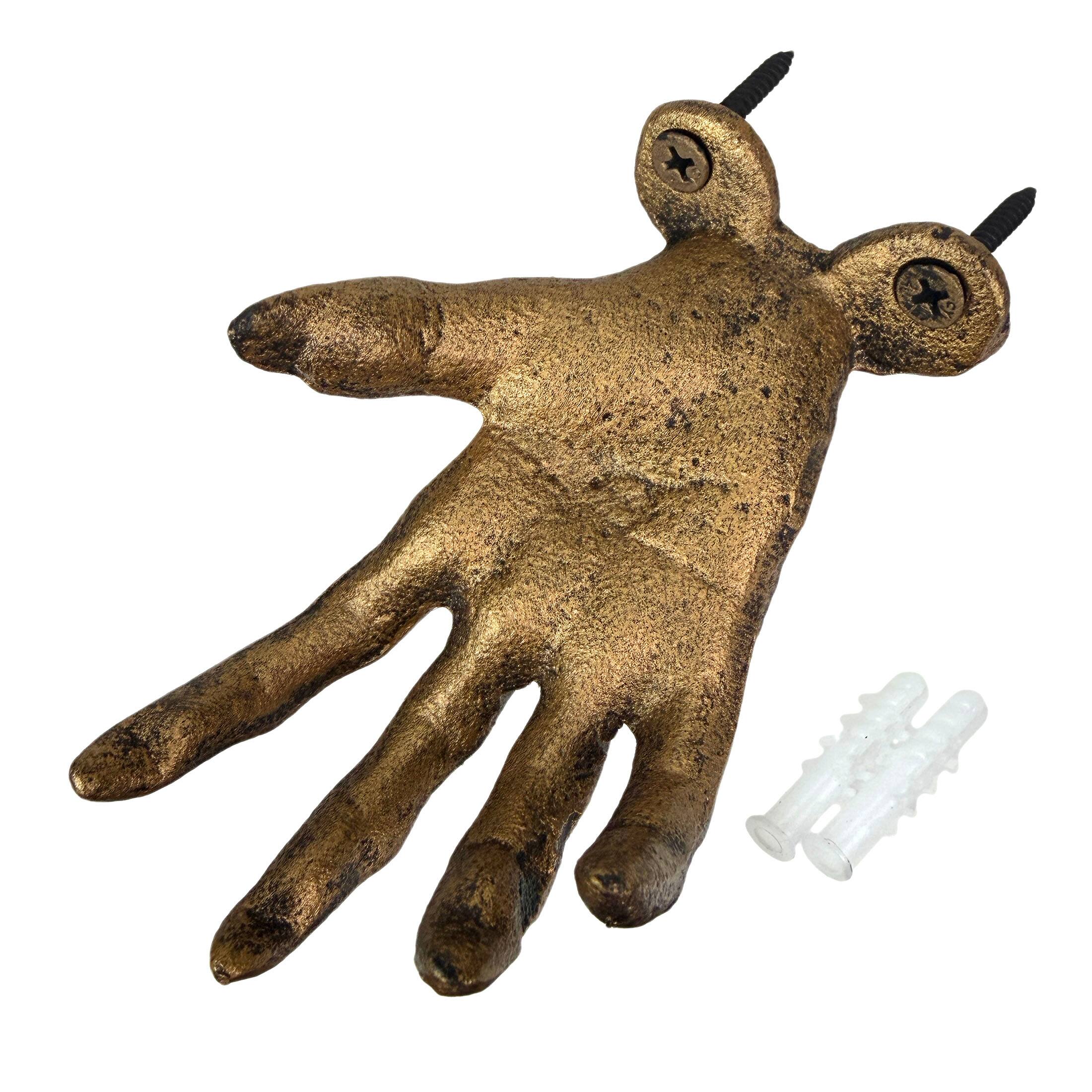 Alt View 9. Zeckos - Set of 3 Creepy Hand Wall Hooks Antique Gold Cast Iron Gothic Decor - Gold.