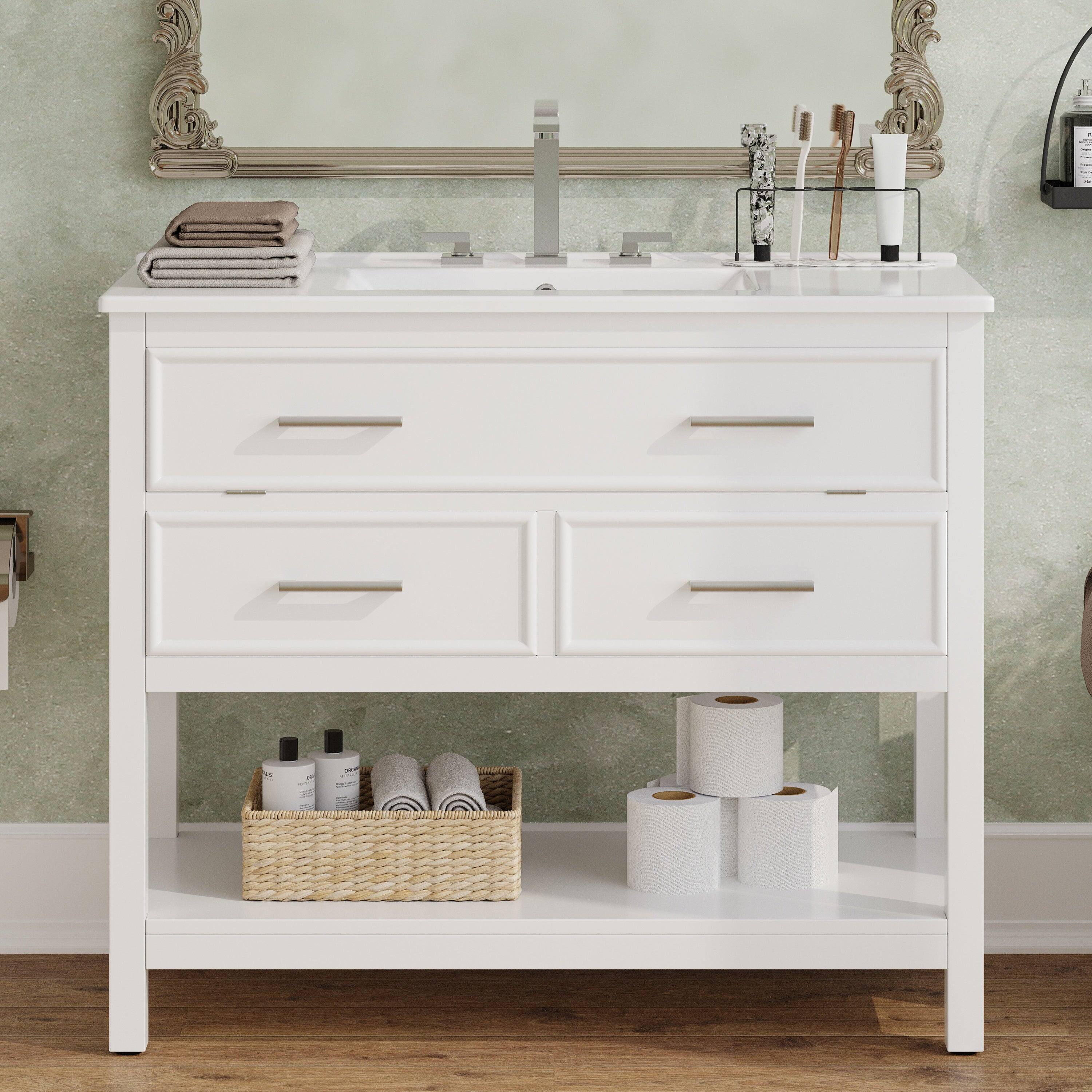 Alt View 5. Boyel Living - 36 Inch Bathroom Vanity with Ceramic Sink Tip Out Tray Full Extension Drawers Soft Close White - White.